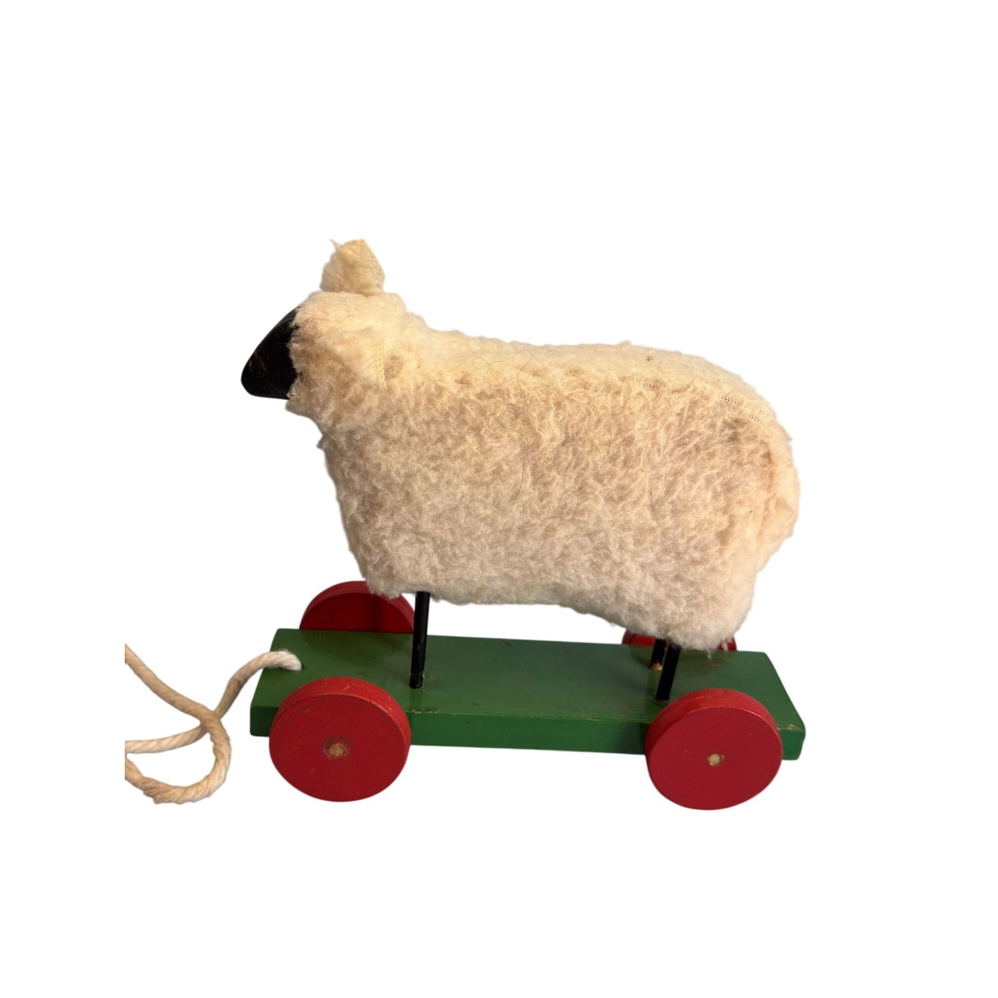 Vintage Pull Toy Sheep Wool Wooden Red Green Wheels 10 In Long 8 In High
