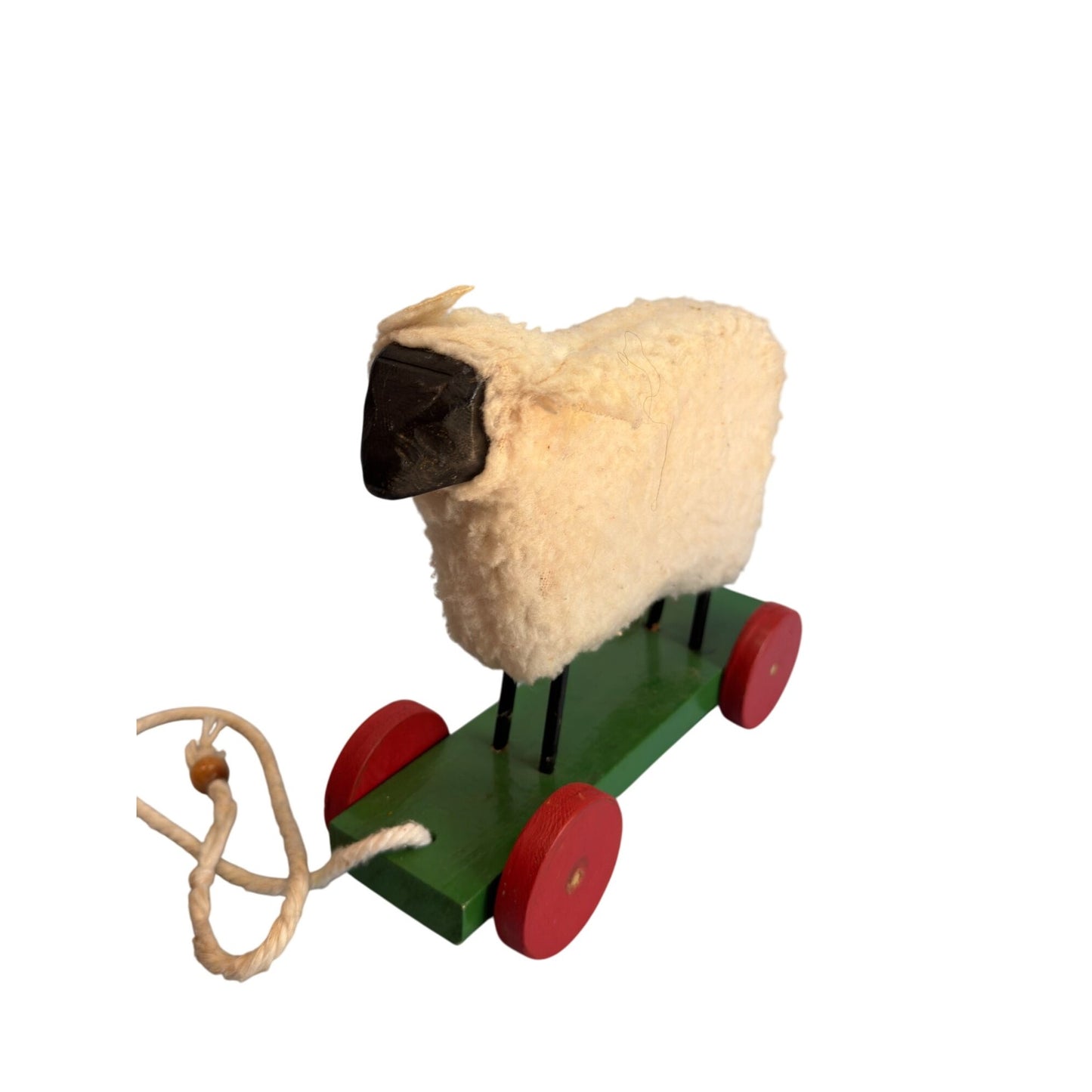 Vintage Pull Toy Sheep Wool Wooden Red Green Wheels 10 In Long 8 In High