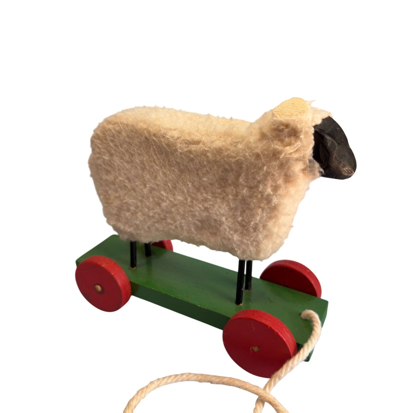 Vintage Pull Toy Sheep Wool Wooden Red Green Wheels 10 In Long 8 In High