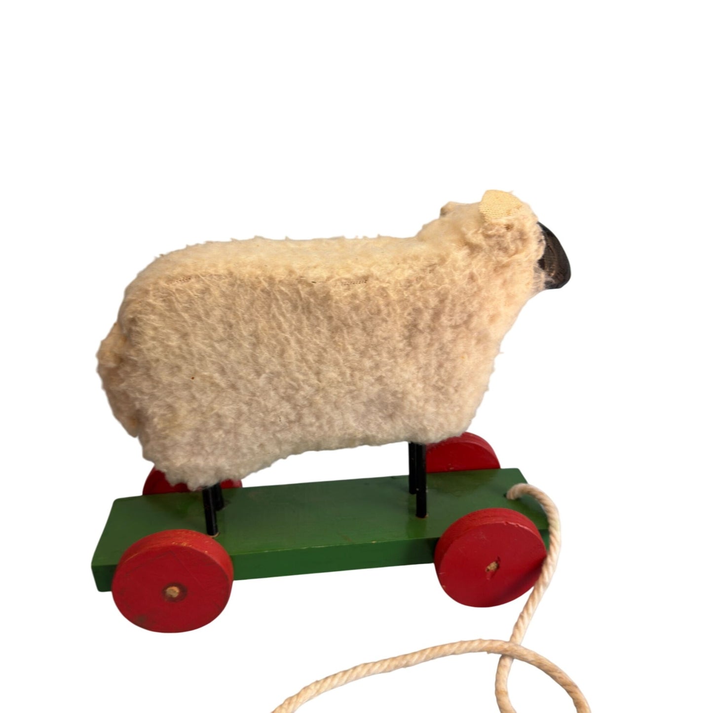 Vintage Pull Toy Sheep Wool Wooden Red Green Wheels 10 In Long 8 In High