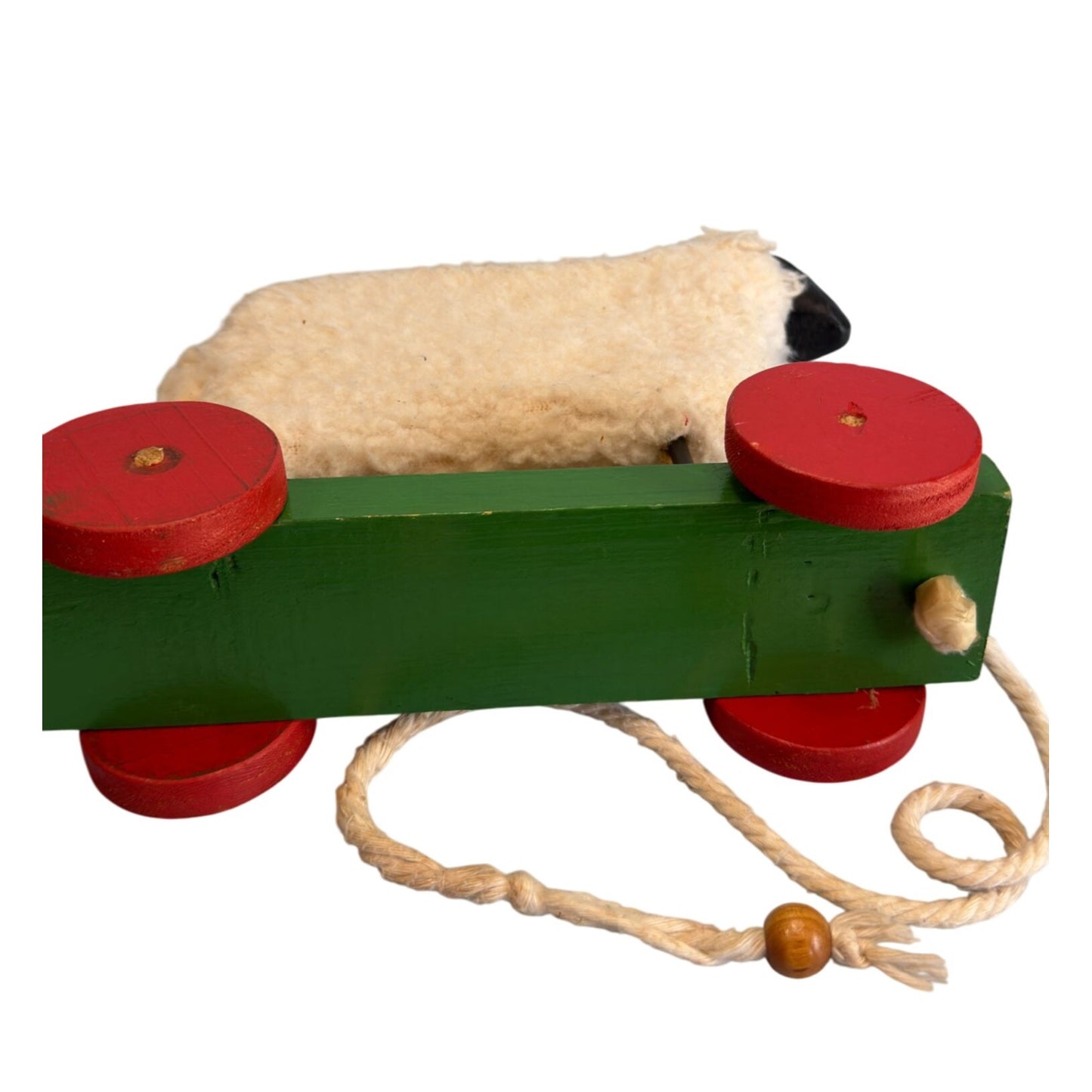 Vintage Pull Toy Sheep Wool Wooden Red Green Wheels 10 In Long 8 In High
