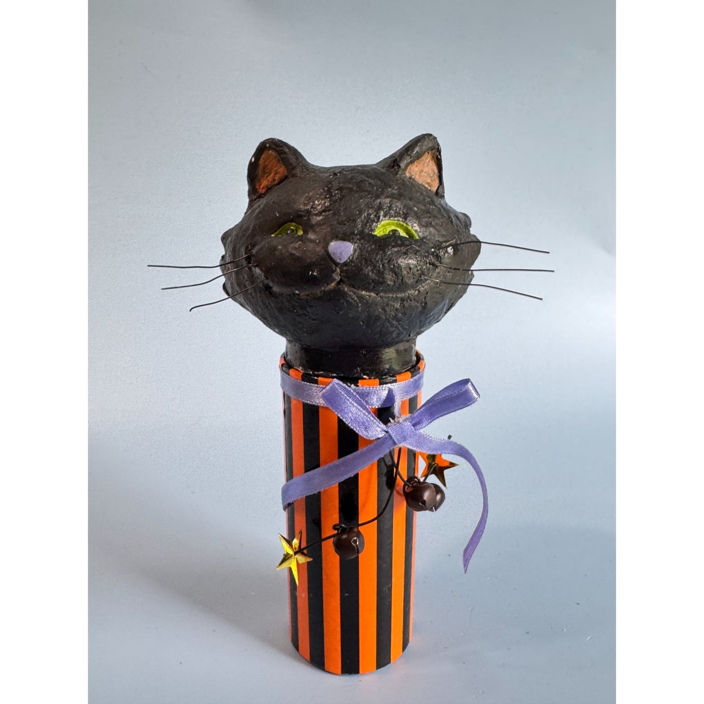 Black Cat Halloween Candy Container Paper Mache Folk Art 7 3/4" Tall By Seasons Of Canon Falls