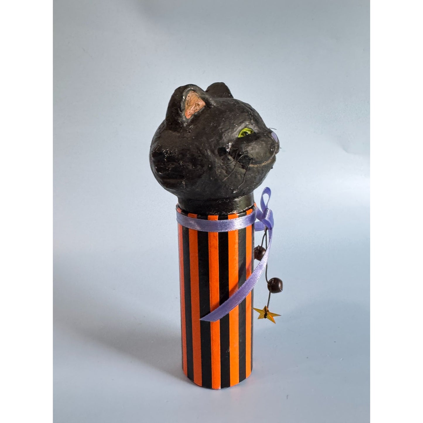 Black Cat Halloween Candy Container Paper Mache Folk Art 7 3/4" Tall By Seasons Of Canon Falls