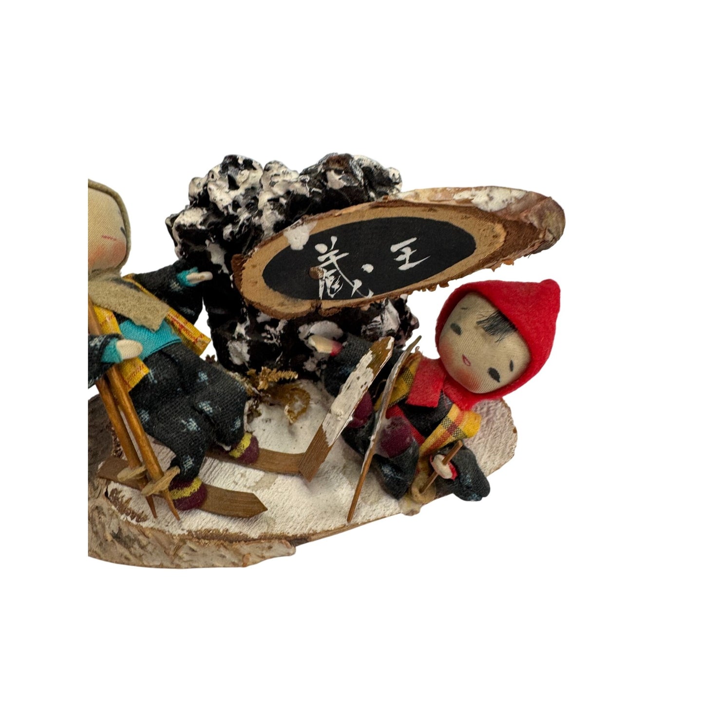 Vintage Japanese Ski Diorama Figurine Mt Zao Handmade Felt Wood Skiers Souvenir