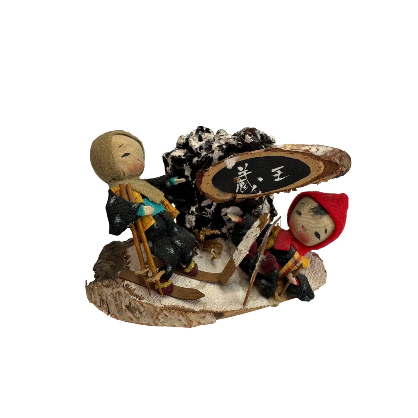 Vintage Japanese Ski Diorama Figurine Mt Zao Handmade Felt Wood Skiers Souvenir