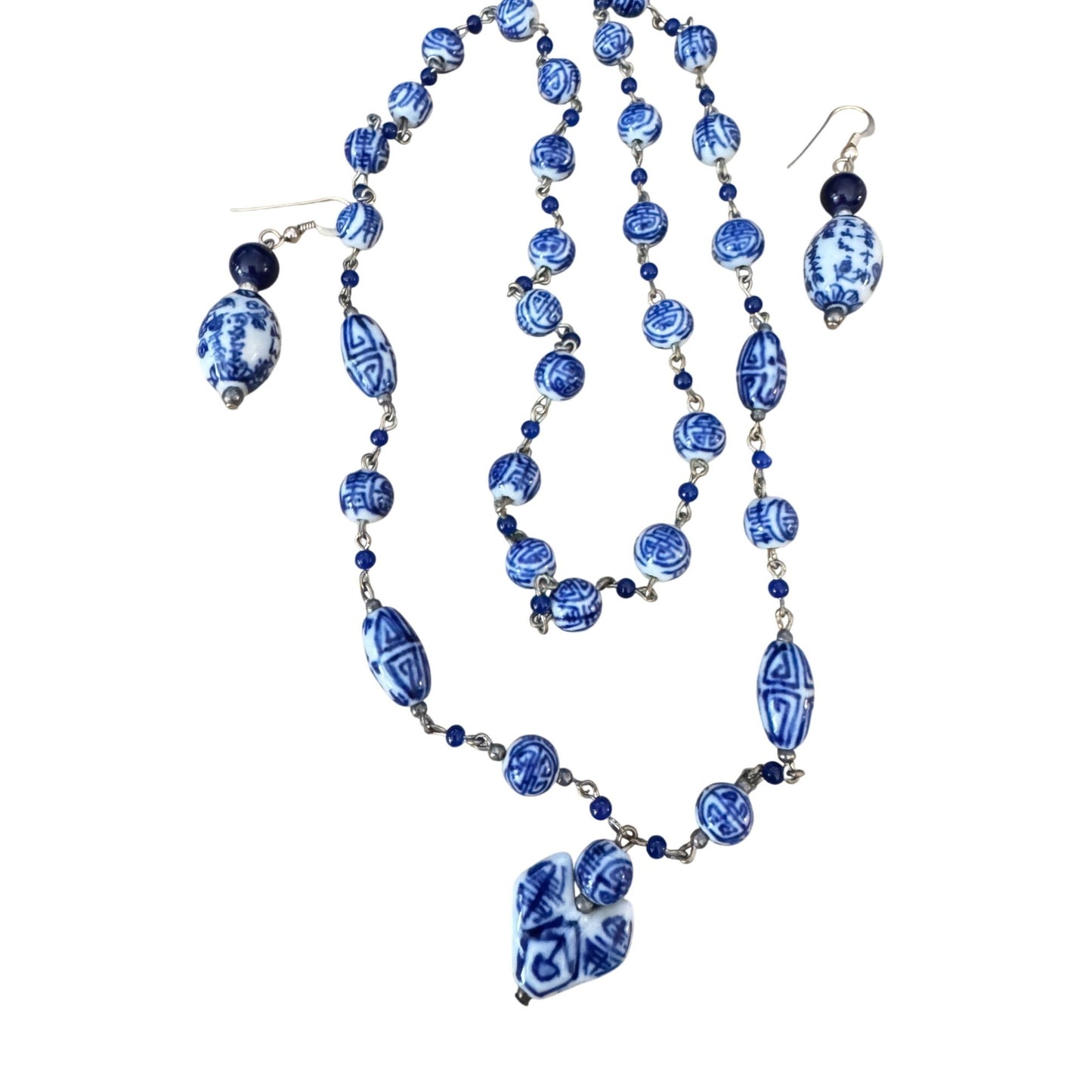 Vintage Chinese Painted Porcelain Bead Necklace & Earrings Blue White 25"