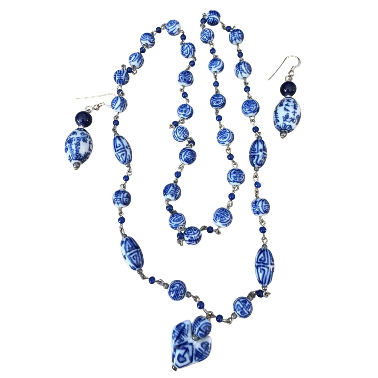 Vintage Chinese Painted Porcelain Bead Necklace & Earrings Blue White 25"