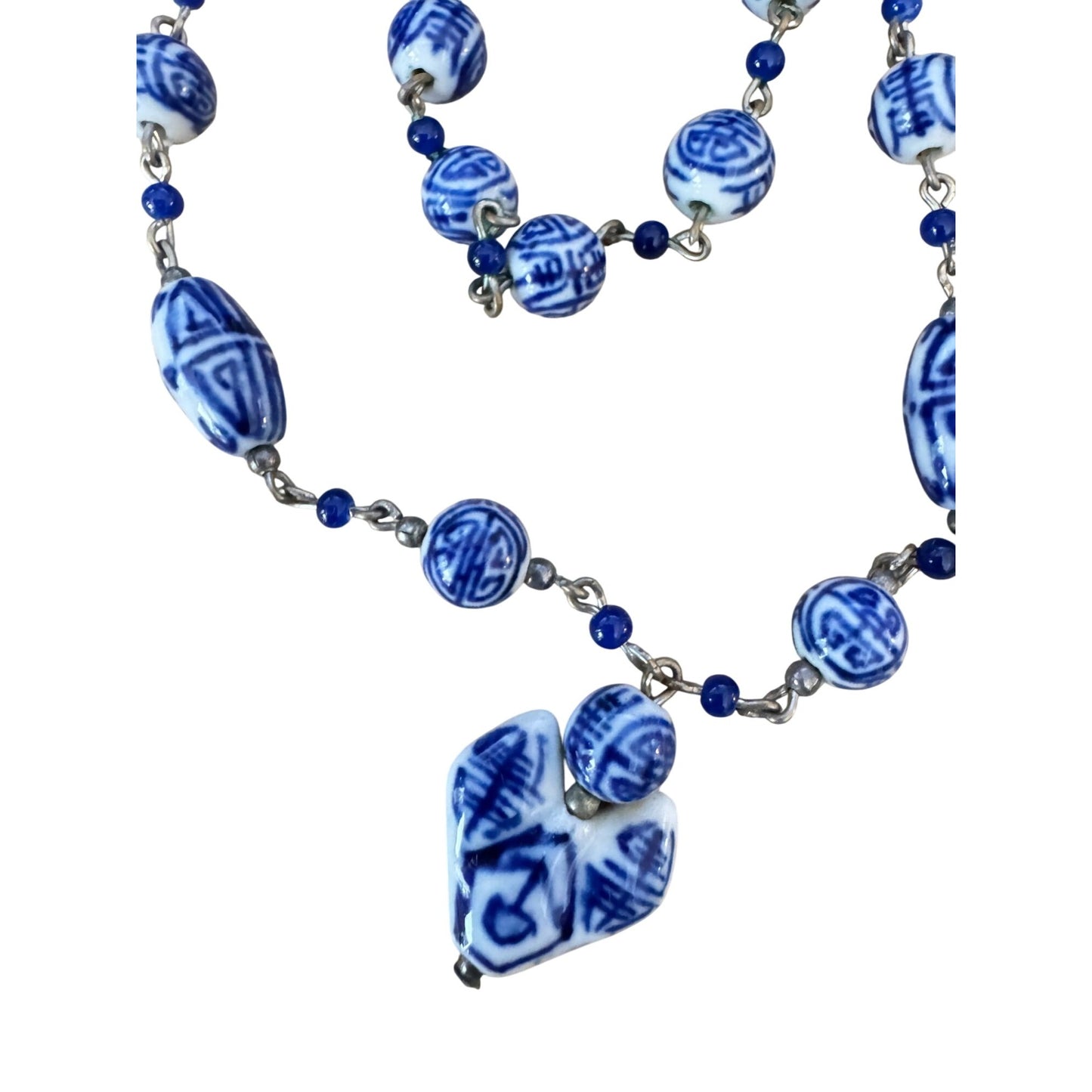 Vintage Chinese Painted Porcelain Bead Necklace & Earrings Blue White 25"