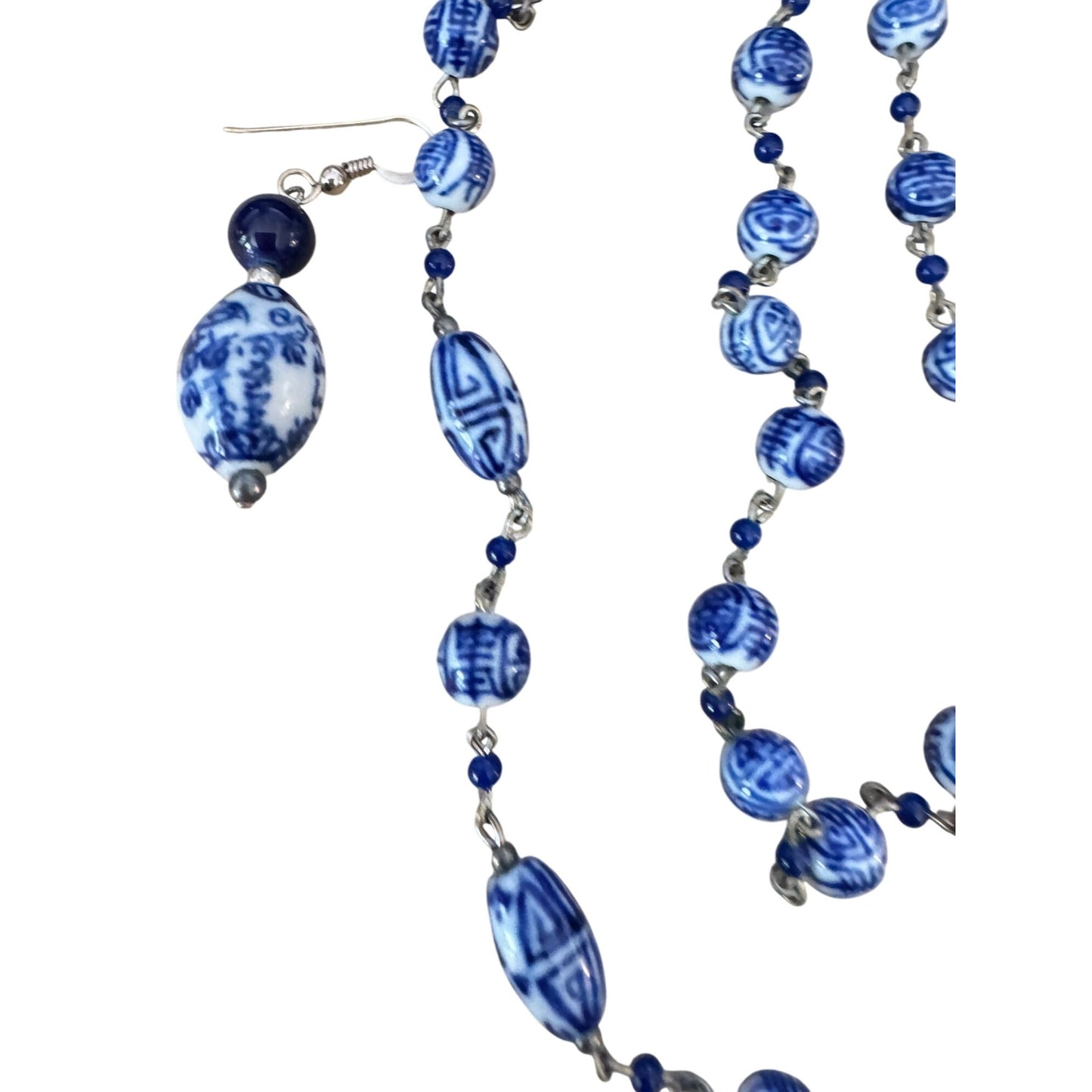Vintage Chinese Painted Porcelain Bead Necklace & Earrings Blue White 25"