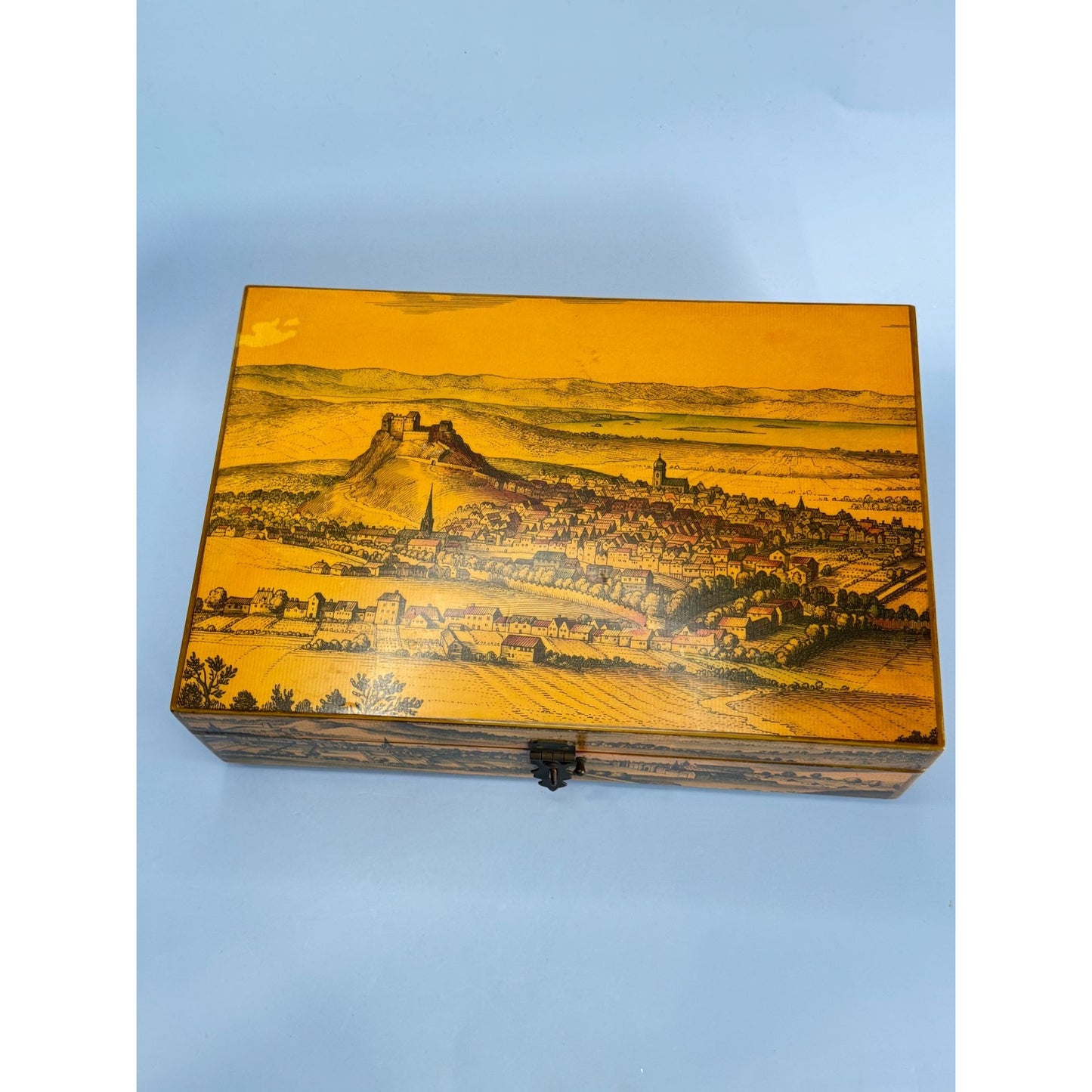 Vintage Wooden Box With Scenic Landscape Print Floral-Lined Interior Locking Clasp Signed Creative Hands 1969 12" x 7" x 3"