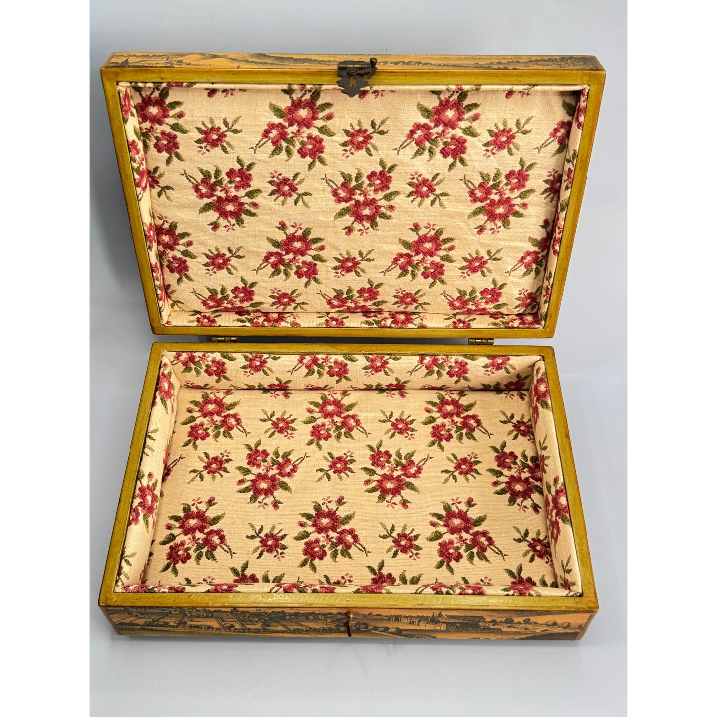 Vintage Wooden Box With Scenic Landscape Print Floral-Lined Interior Locking Clasp Signed Creative Hands 1969 12" x 7" x 3"
