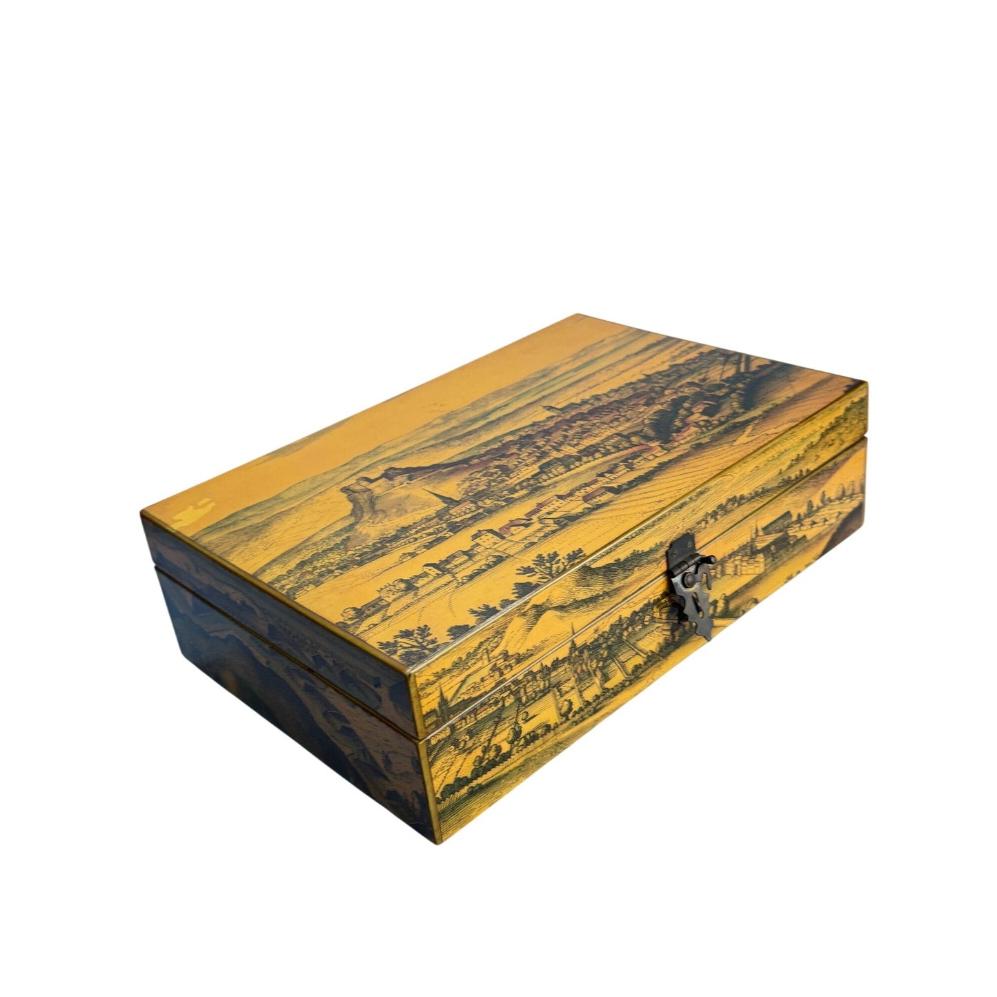 Vintage Wooden Box With Scenic Landscape Print Floral-Lined Interior Locking Clasp Signed Creative Hands 1969 12" x 7" x 3"