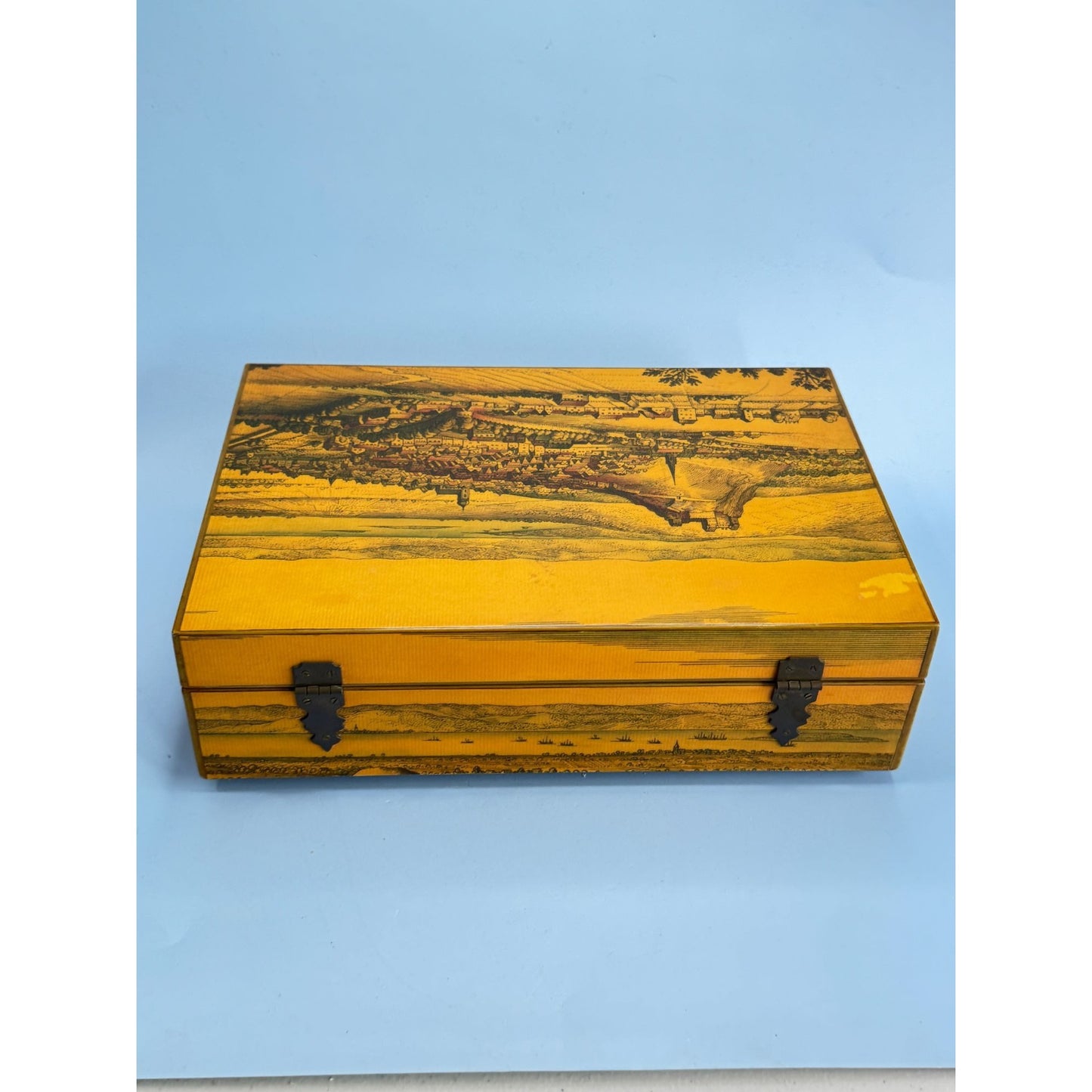 Vintage Wooden Box With Scenic Landscape Print Floral-Lined Interior Locking Clasp Signed Creative Hands 1969 12" x 7" x 3"