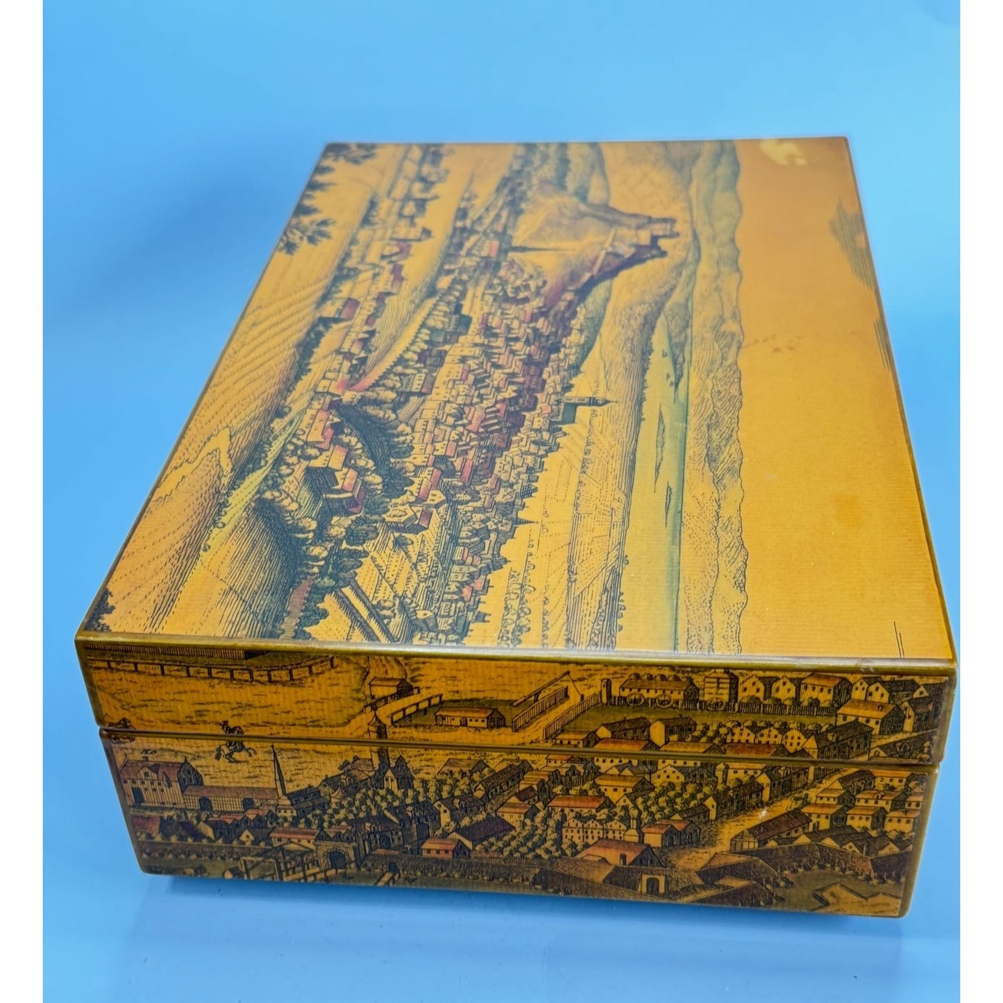 Vintage Wooden Box With Scenic Landscape Print Floral-Lined Interior Locking Clasp Signed Creative Hands 1969 12" x 7" x 3"