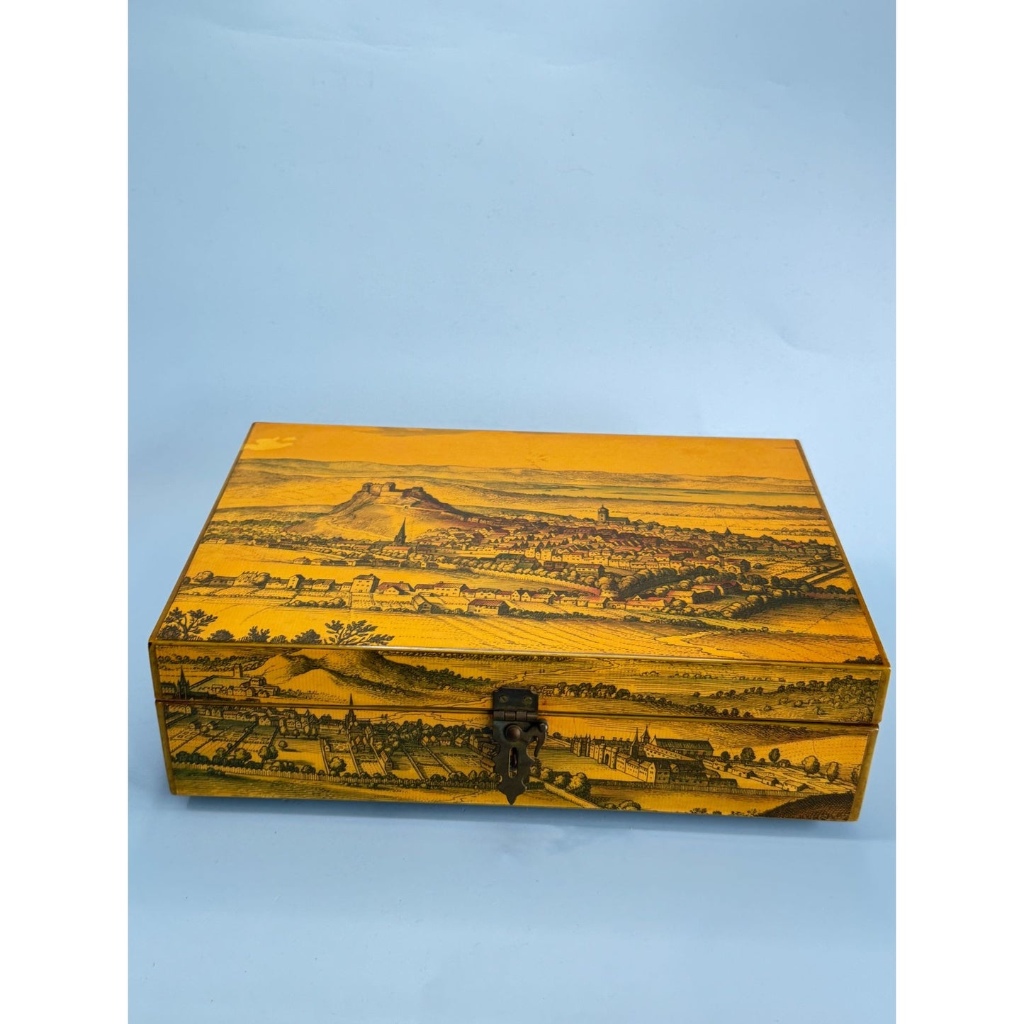 Vintage Wooden Box With Scenic Landscape Print Floral-Lined Interior Locking Clasp Signed Creative Hands 1969 12" x 7" x 3"