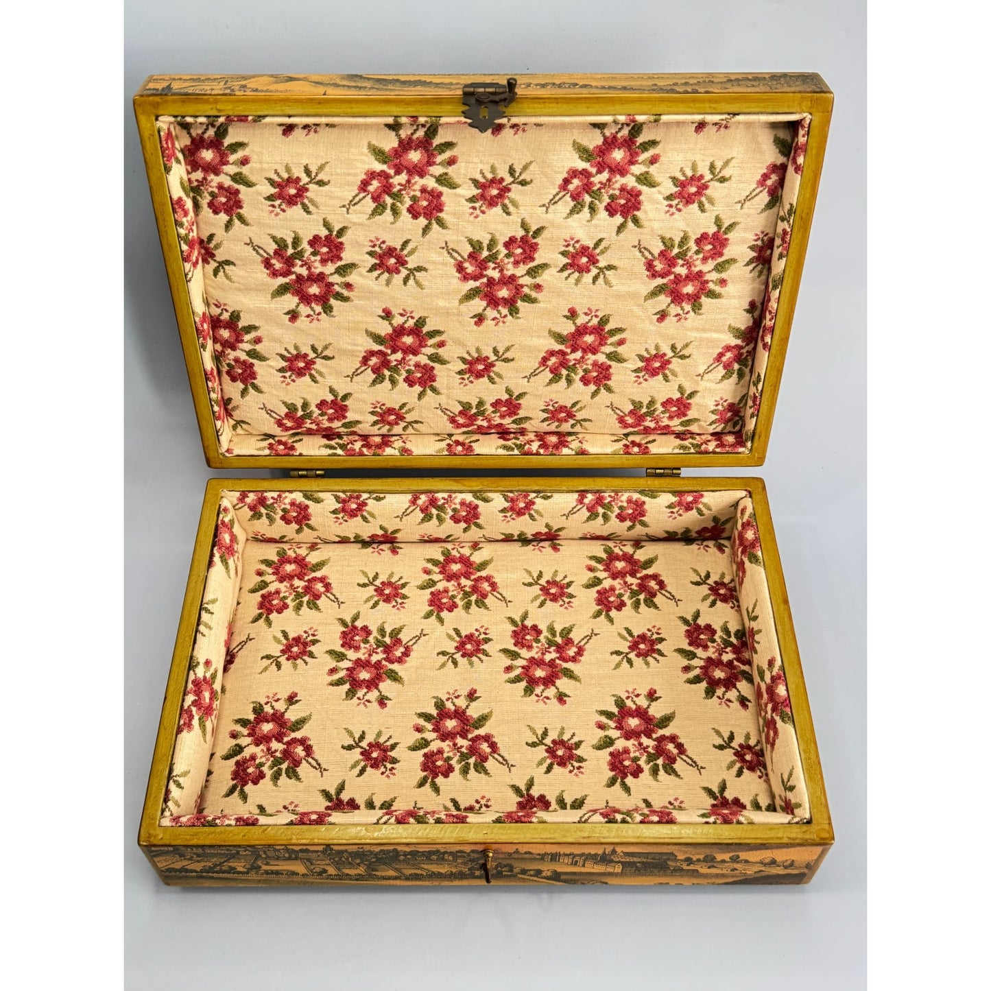 Vintage Wooden Box With Scenic Landscape Print Floral-Lined Interior Locking Clasp Signed Creative Hands 1969 12" x 7" x 3"