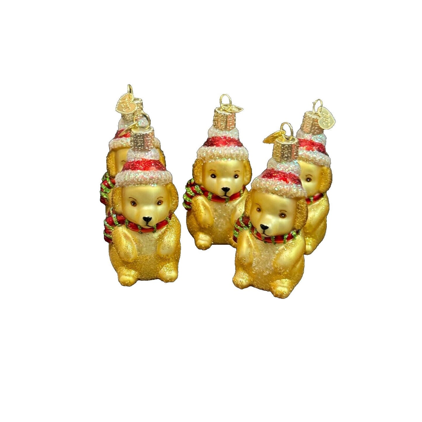 5 So Cute Old World Christmas Golden Retriever Puppies Blown Glass Ornaments 3"