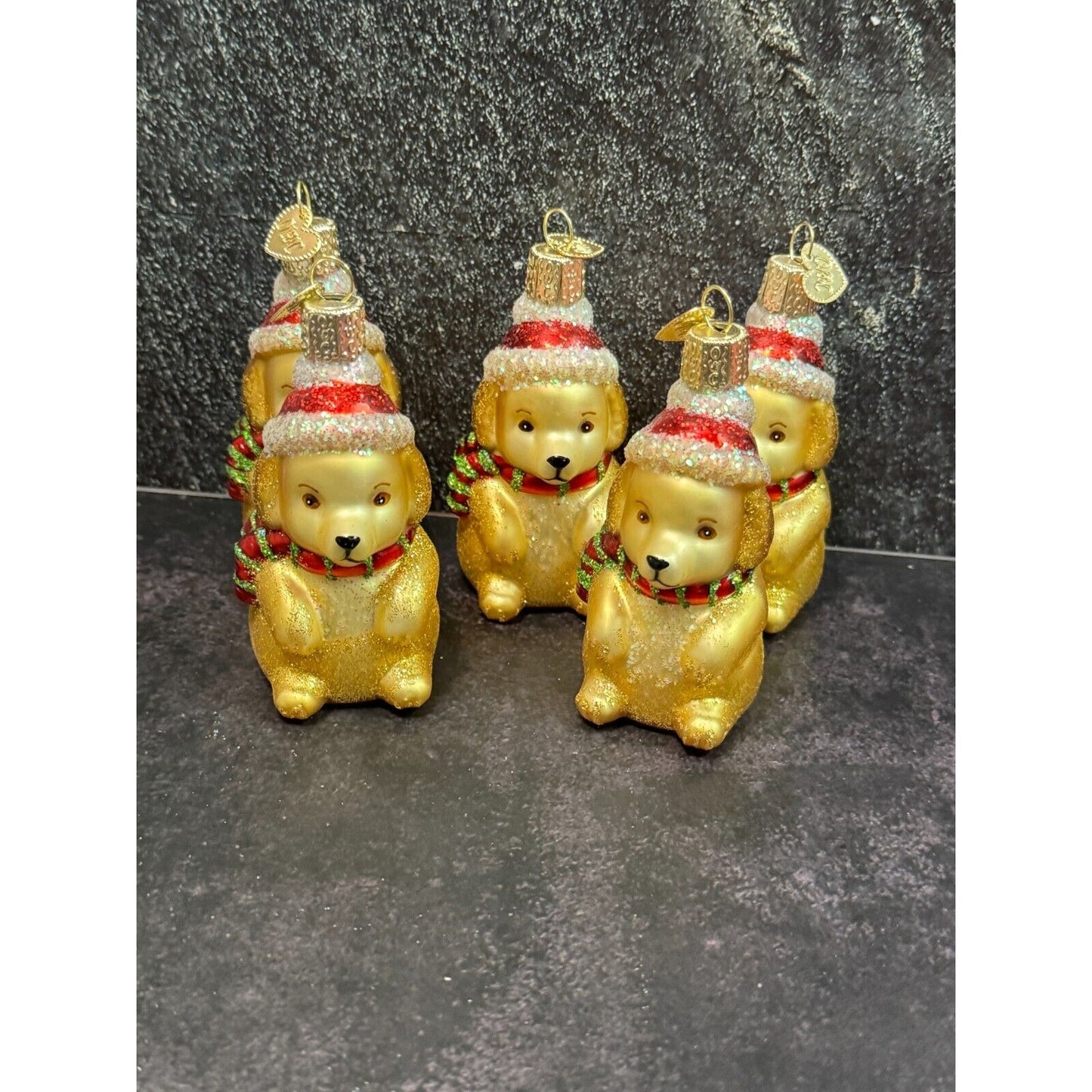5 So Cute Old World Christmas Golden Retriever Puppies Blown Glass Ornaments 3"