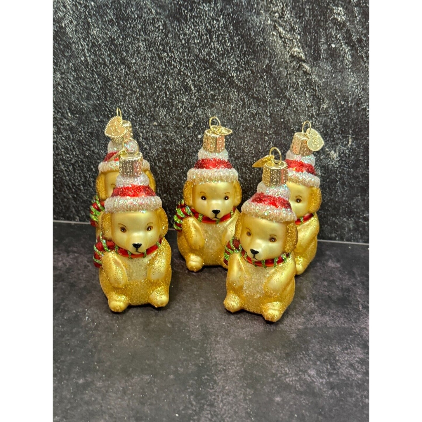 5 So Cute Old World Christmas Golden Retriever Puppies Blown Glass Ornaments 3"