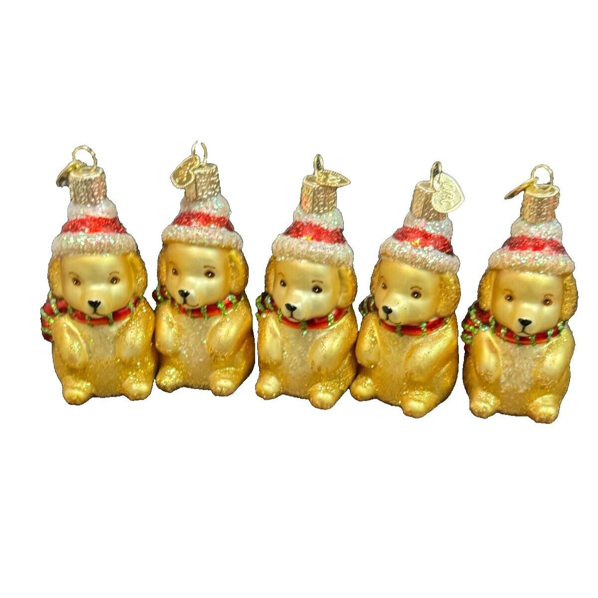 5 So Cute Old World Christmas Golden Retriever Puppies Blown Glass Ornaments 3"