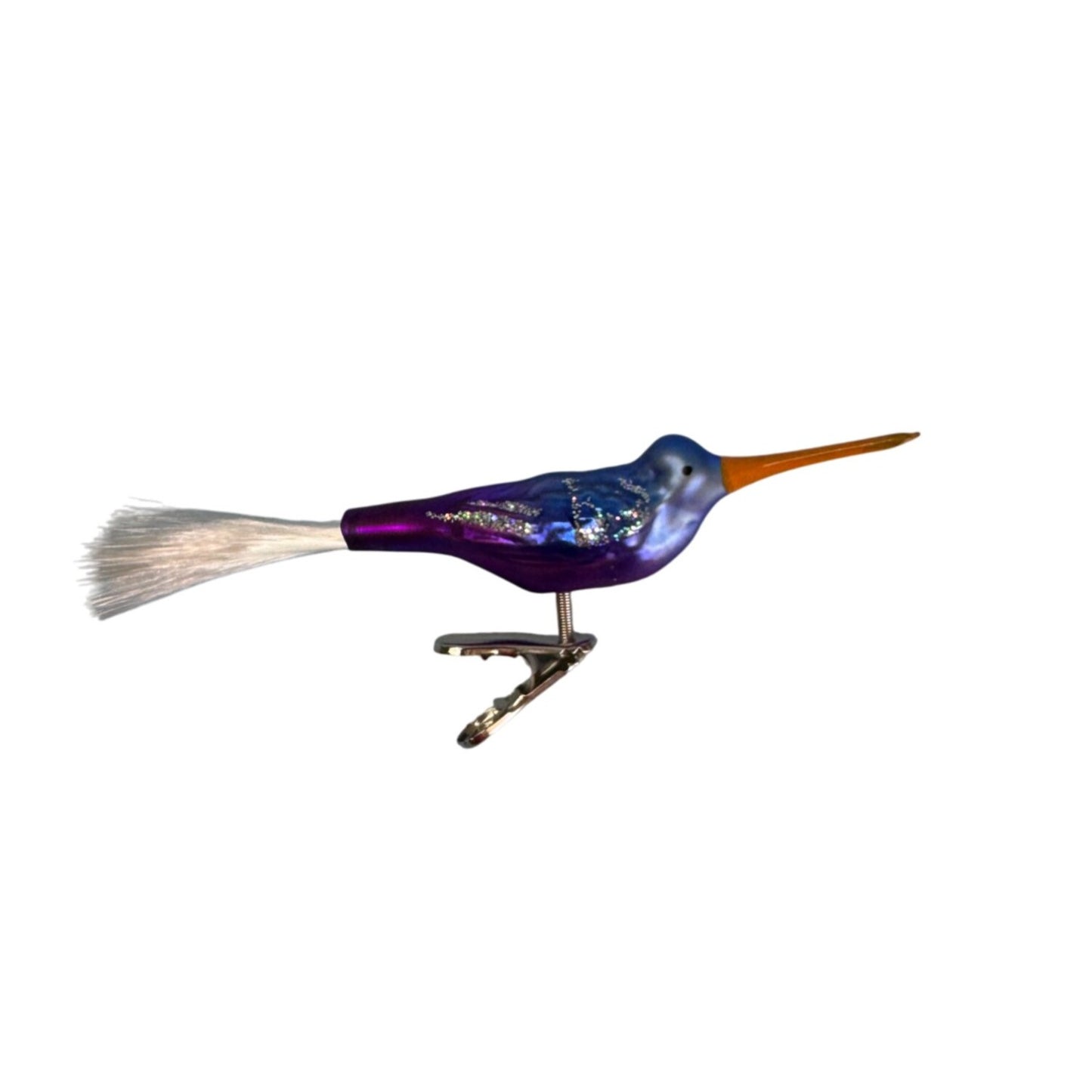 Blown Glass Hummingbird Clip Ornament Purple Blue Orange Spun Glass Tail 5.5 In