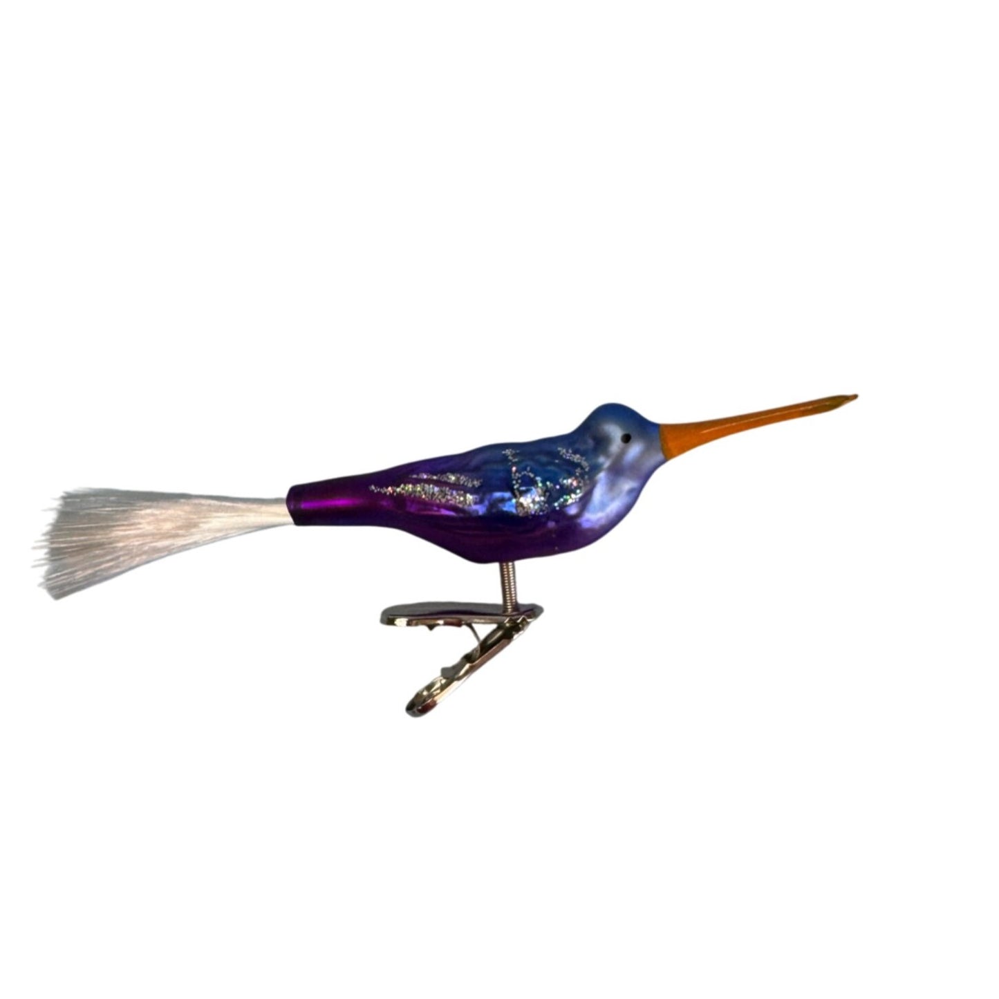 Blown Glass Hummingbird Clip Ornament Purple Blue Orange Spun Glass Tail 5.5 In