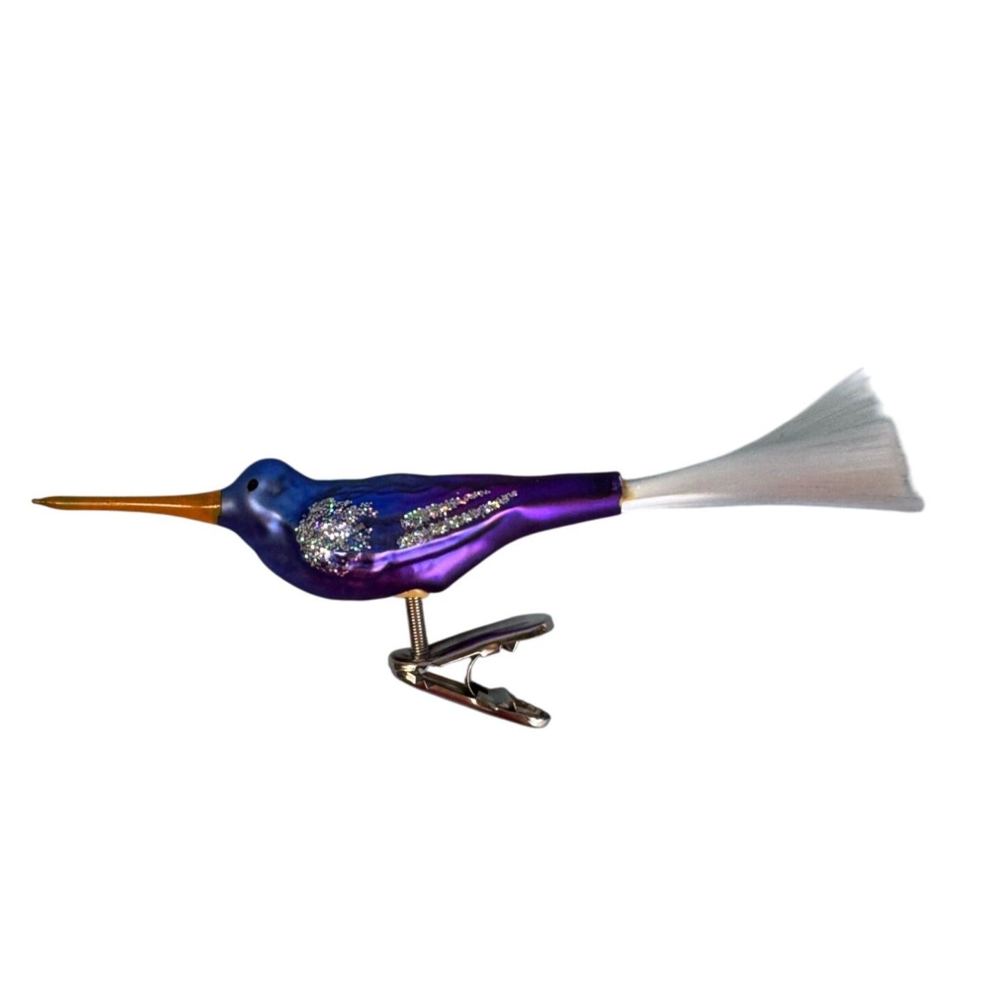 Blown Glass Hummingbird Clip Ornament Purple Blue Orange Spun Glass Tail 5.5 In