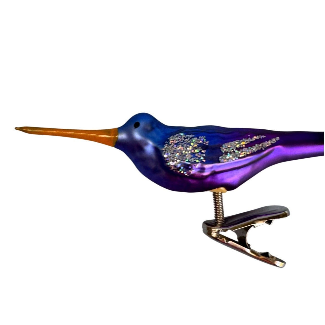 Blown Glass Hummingbird Clip Ornament Purple Blue Orange Spun Glass Tail 5.5 In