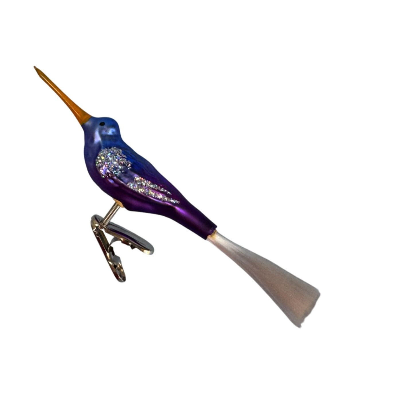 Blown Glass Hummingbird Clip Ornament Purple Blue Orange Spun Glass Tail 5.5 In