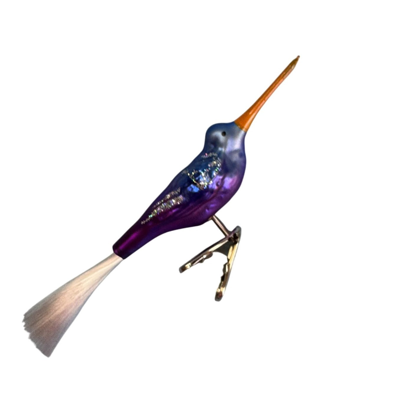 Blown Glass Hummingbird Clip Ornament Purple Blue Orange Spun Glass Tail 5.5 In