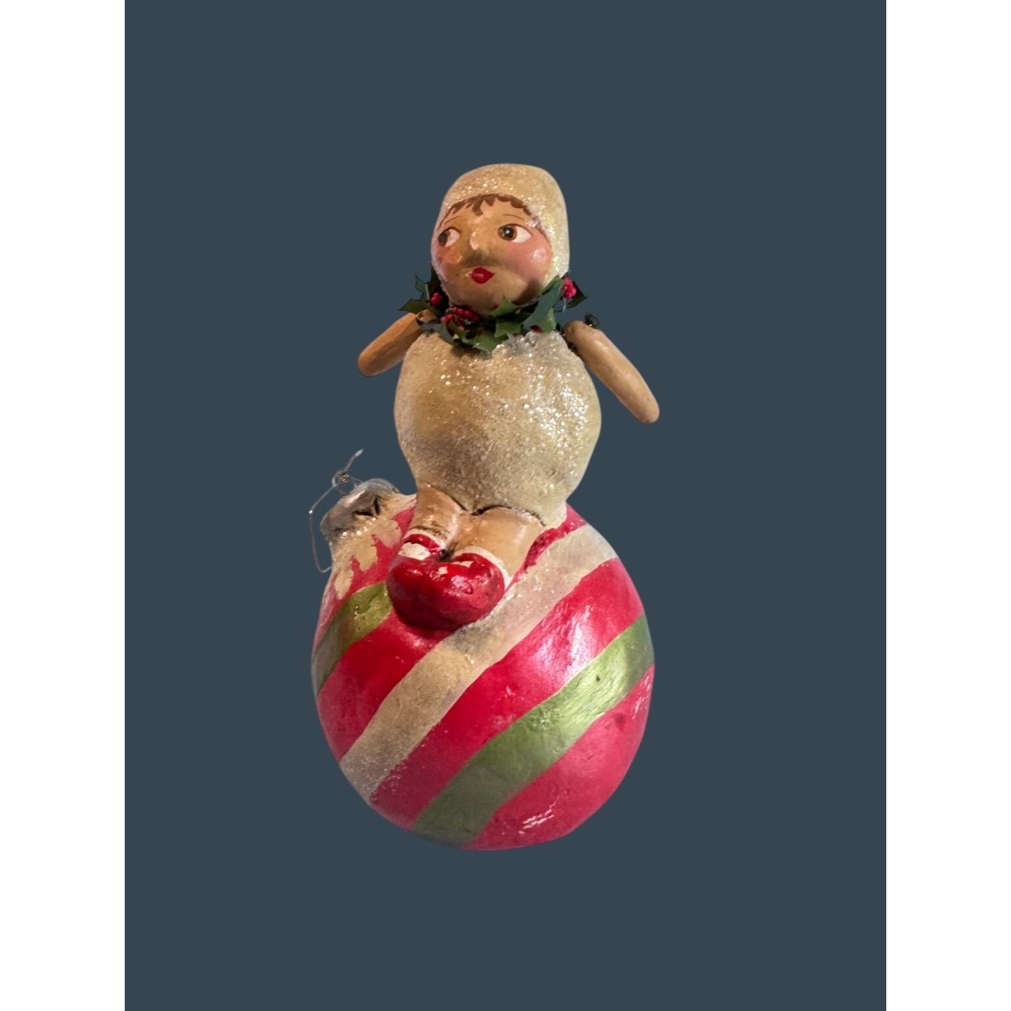 2004 Penny Mcallister Paper Mache Girl on Ornament Christmas Figurine Folk Art