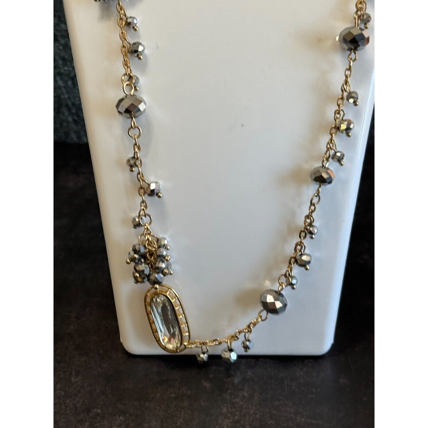 So Sparkly Faceted Silver Metallic AB Beads Necklace With CZ Crystal Accent 34"