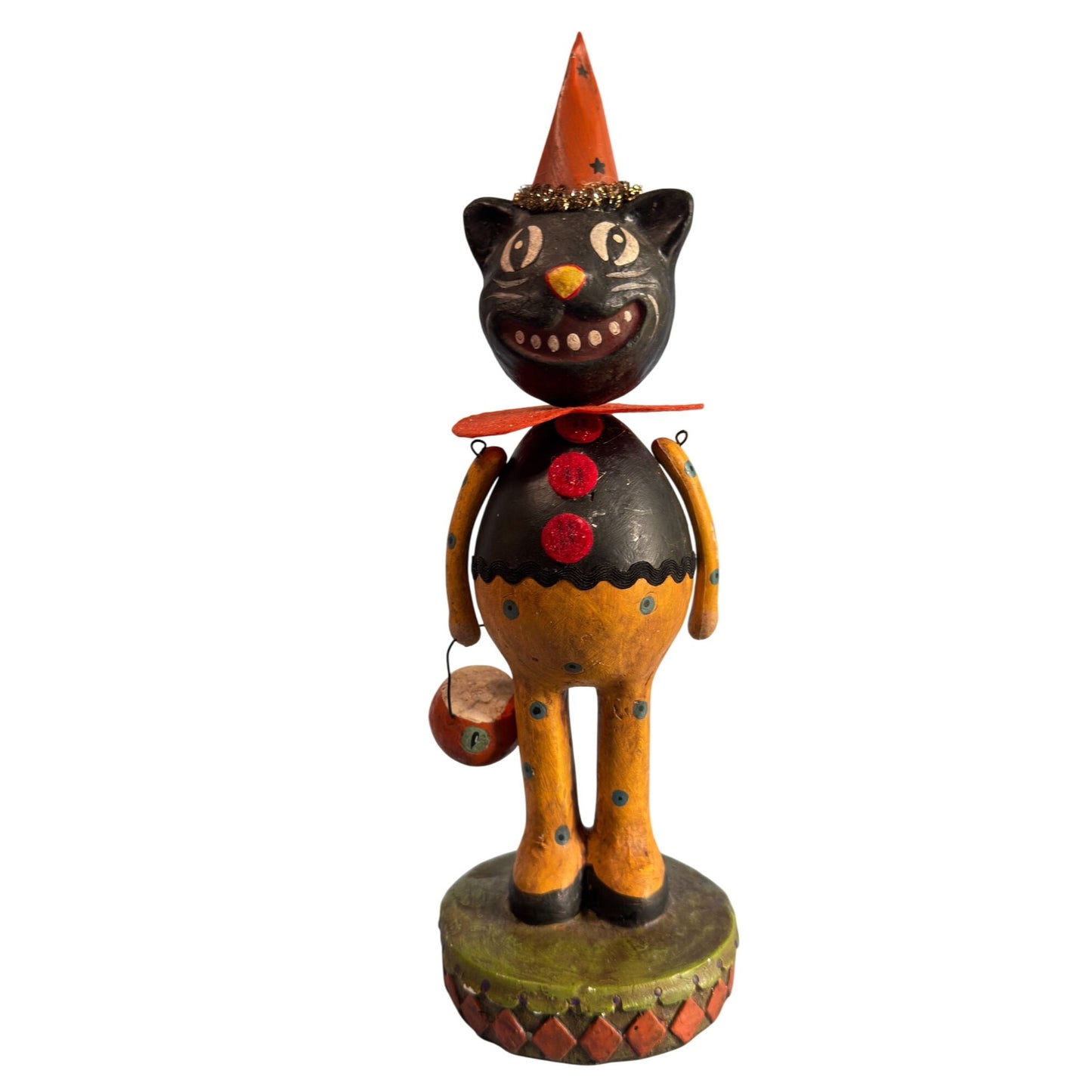 Folk Art Paper Mache Grinning Black Pumpkin Cat Figure 13"