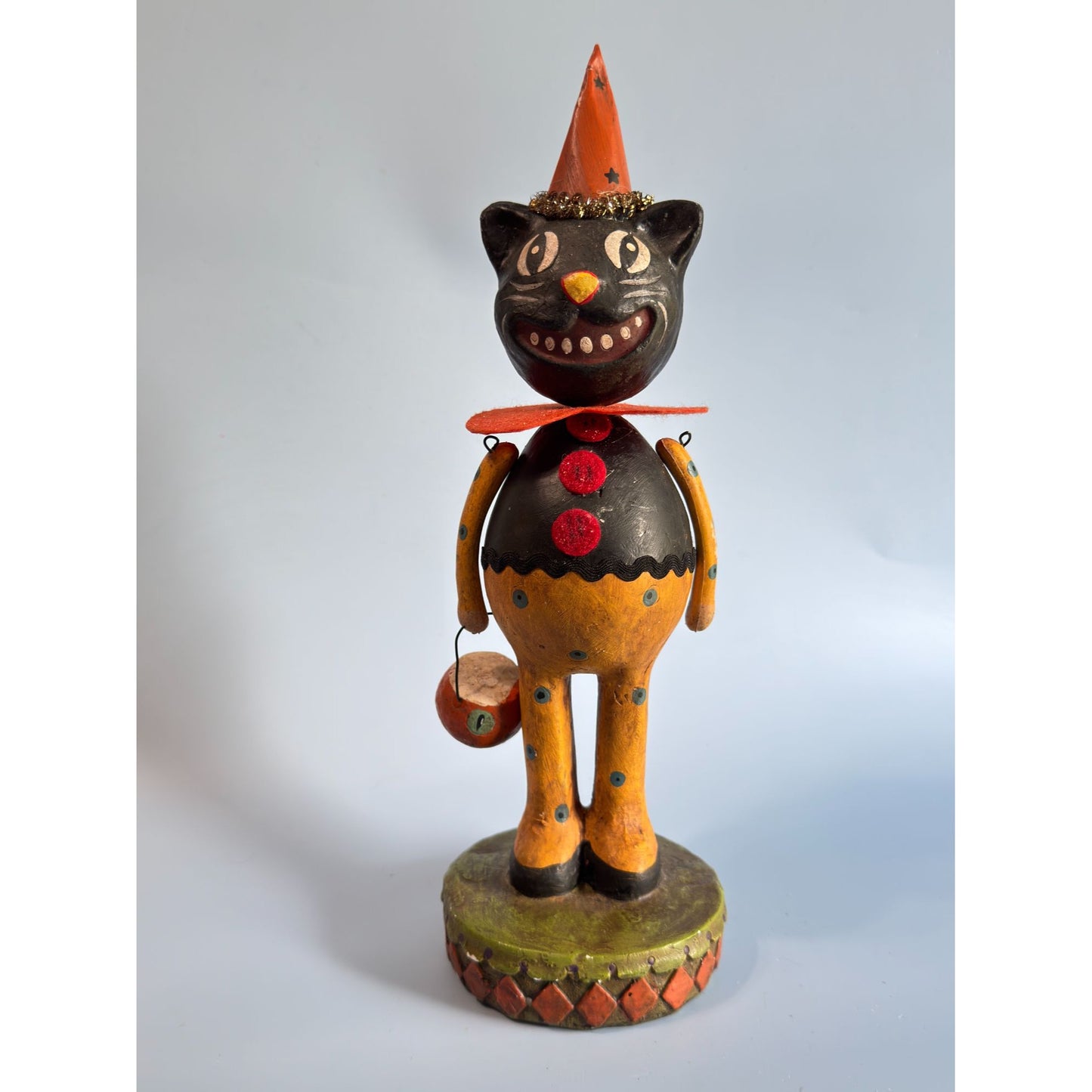 Folk Art Paper Mache Grinning Black Pumpkin Cat Figure 13"