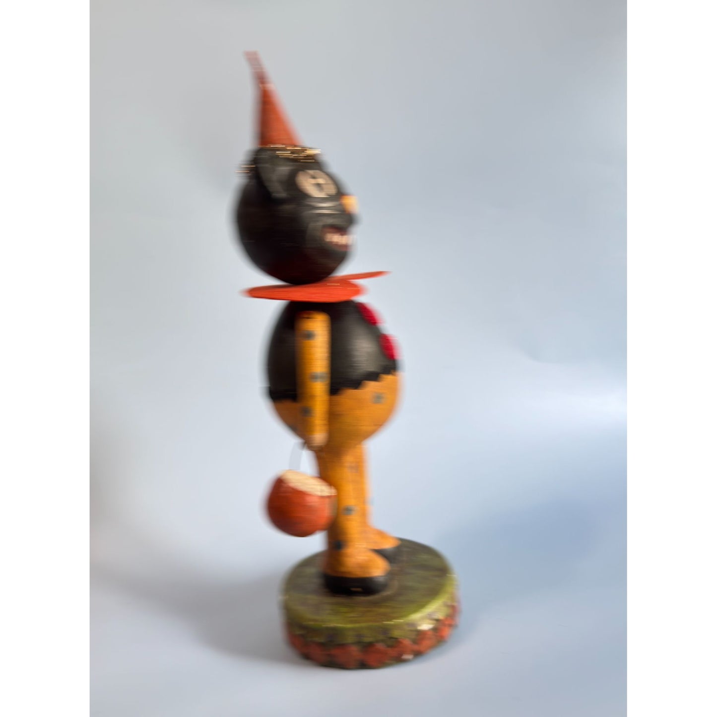 Folk Art Paper Mache Grinning Black Pumpkin Cat Figure 13"