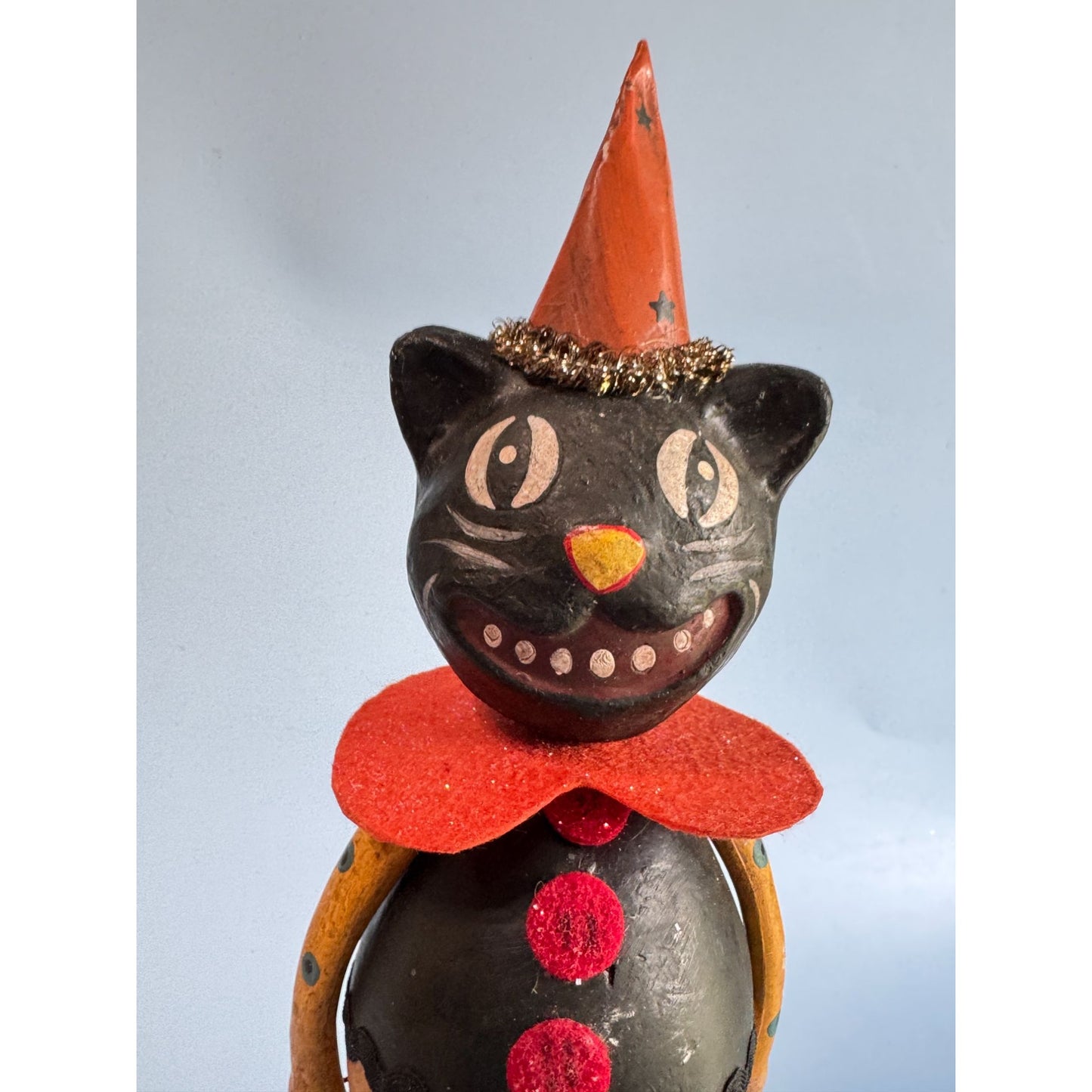 Folk Art Paper Mache Grinning Black Pumpkin Cat Figure 13"