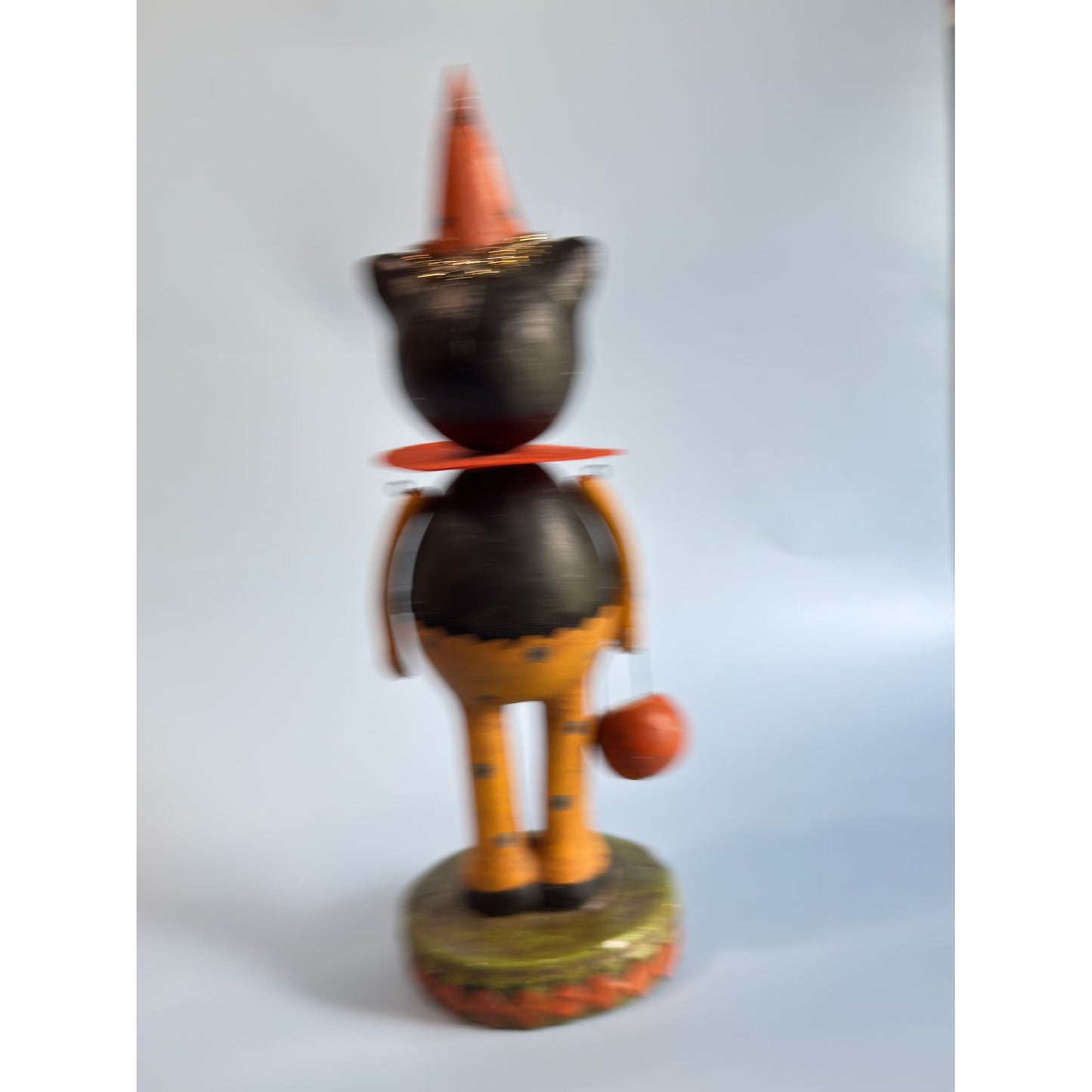 Folk Art Paper Mache Grinning Black Pumpkin Cat Figure 13"