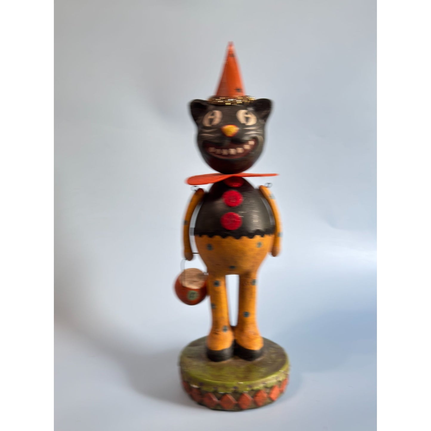 Folk Art Paper Mache Grinning Black Pumpkin Cat Figure 13"