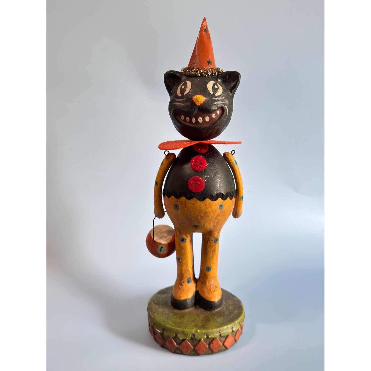 Folk Art Paper Mache Grinning Black Pumpkin Cat Figure 13"