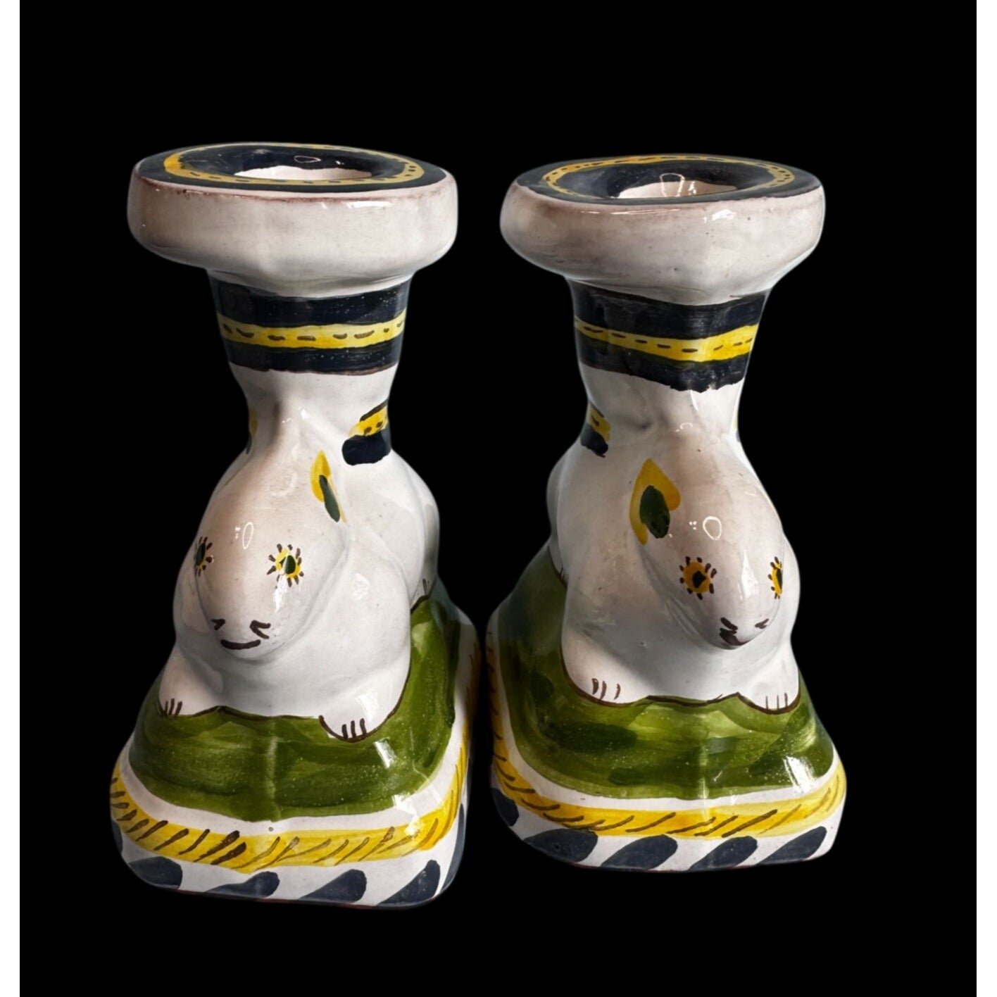 Italian Deruta Rabbit Candlestick Holders White Green Yellow Ceramic 5"