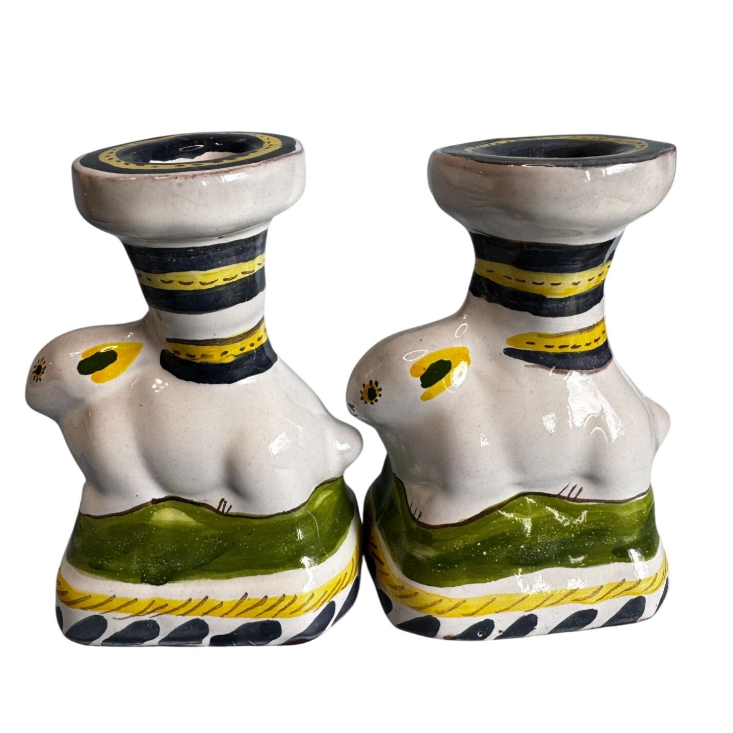 Italian Deruta Rabbit Candlestick Holders White Green Yellow Ceramic 5"