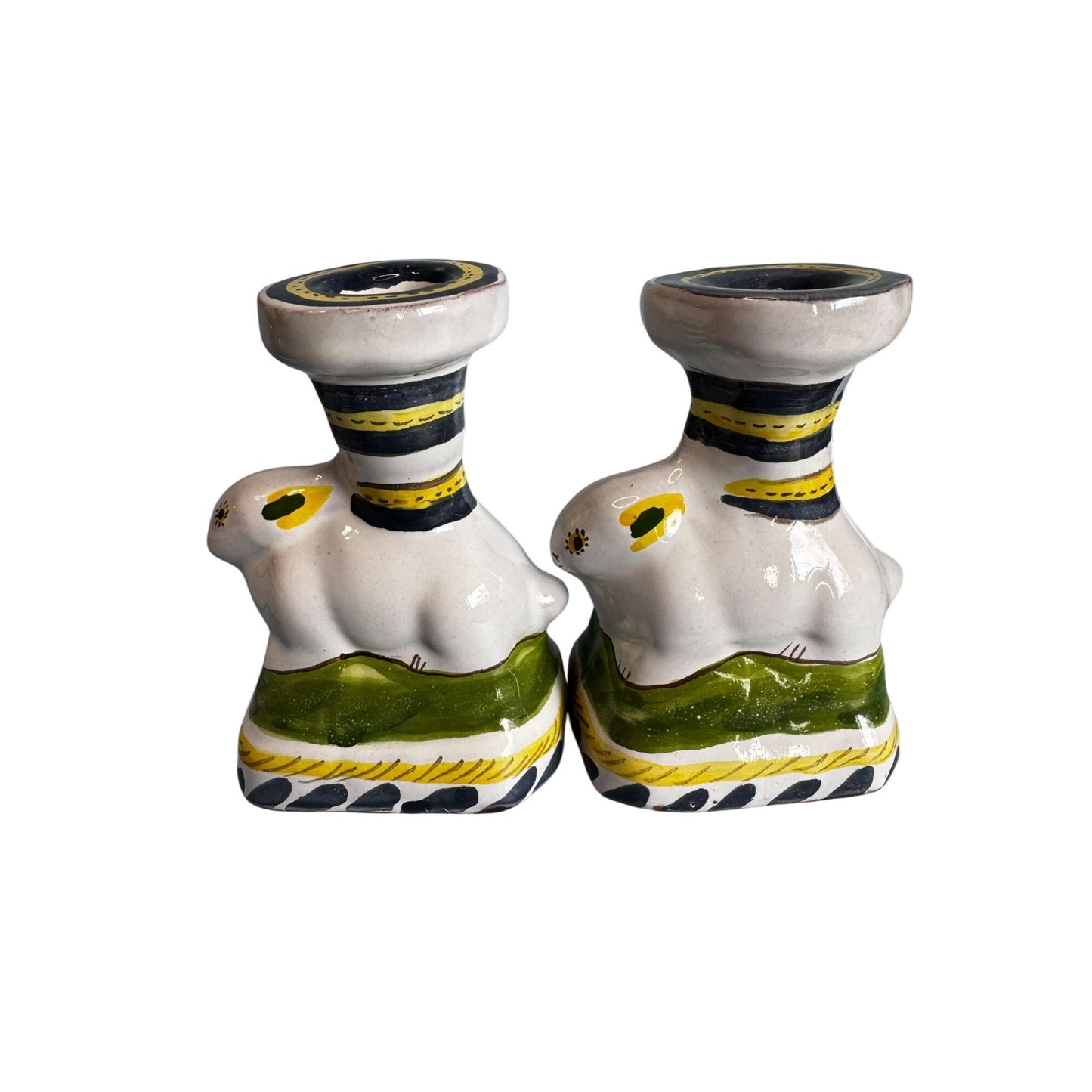 Italian Deruta Rabbit Candlestick Holders White Green Yellow Ceramic 5"