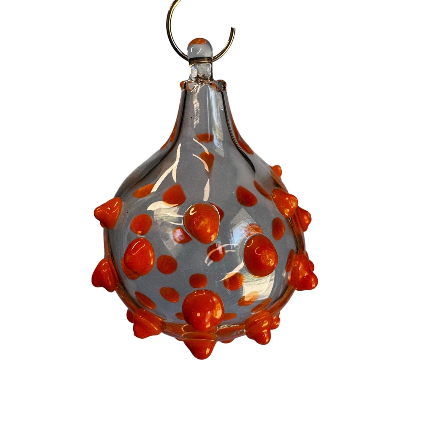 Blown Art Glass Ornament Clear Raised Orange Dots 3" Handcrafted Glass Piece