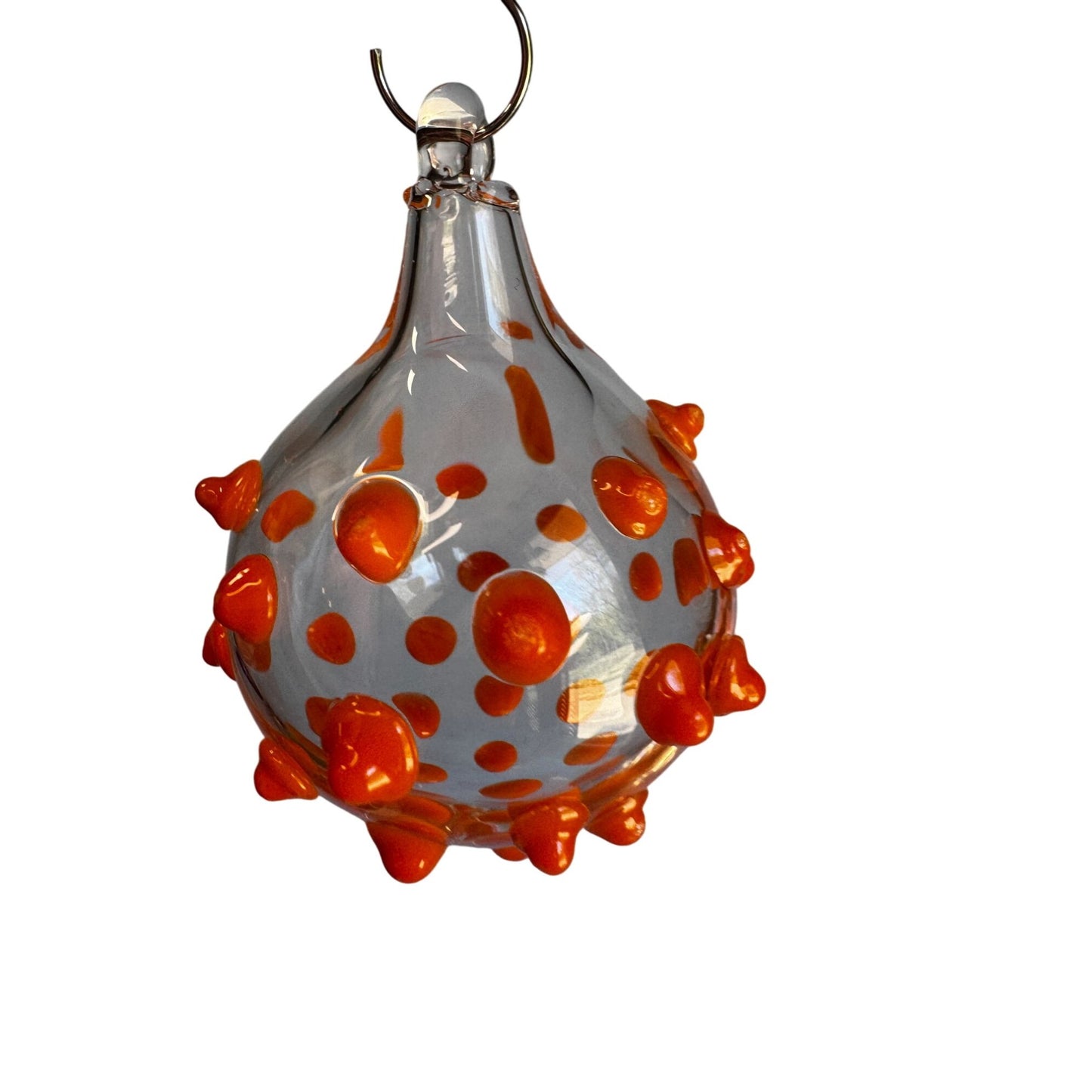 Blown Art Glass Ornament Clear Raised Orange Dots 3" Handcrafted Glass Piece