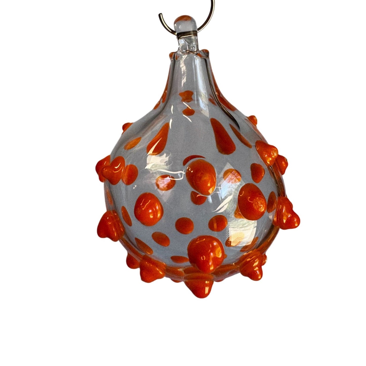 Blown Art Glass Ornament Clear Raised Orange Dots 3" Handcrafted Glass Piece