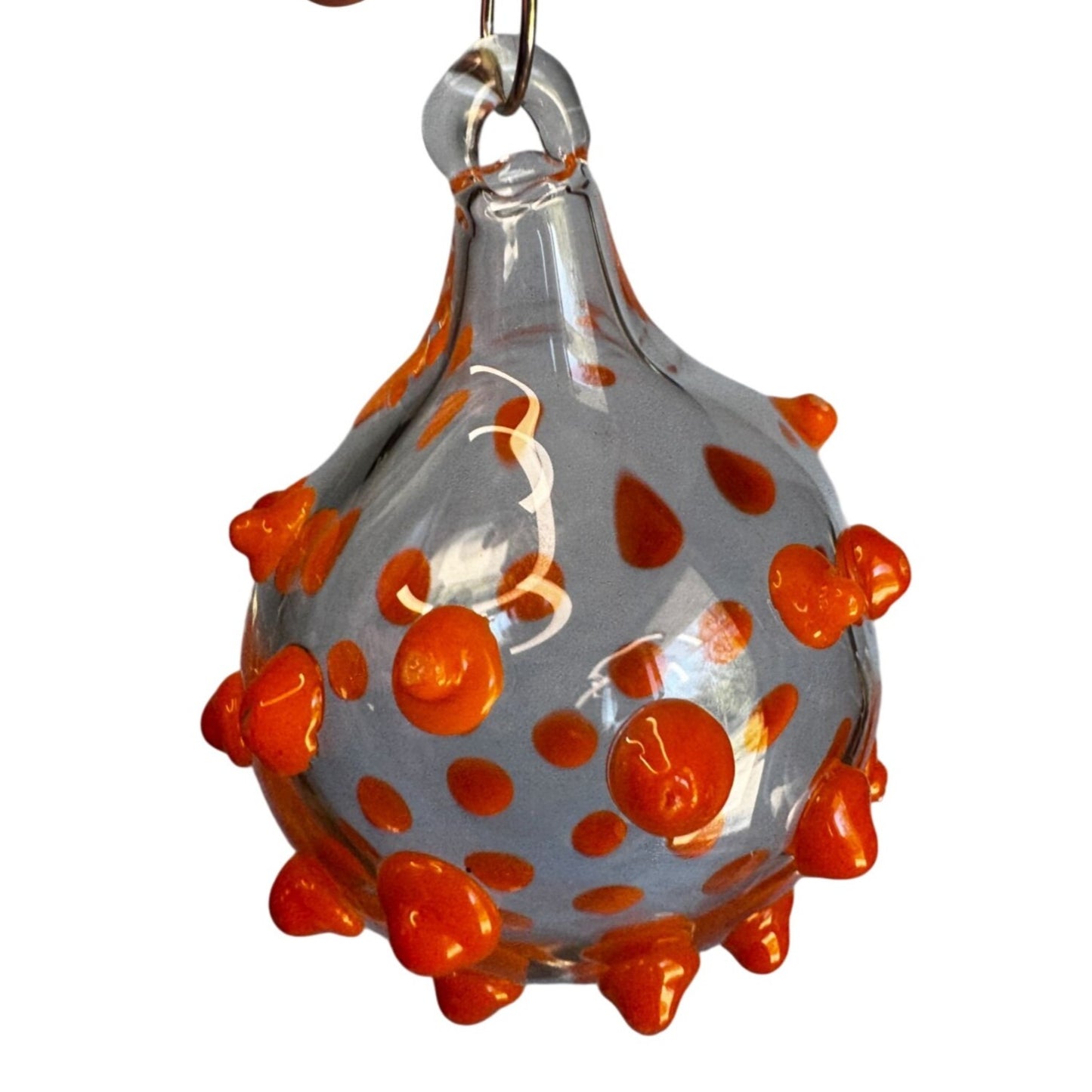 Blown Art Glass Ornament Clear Raised Orange Dots 3" Handcrafted Glass Piece