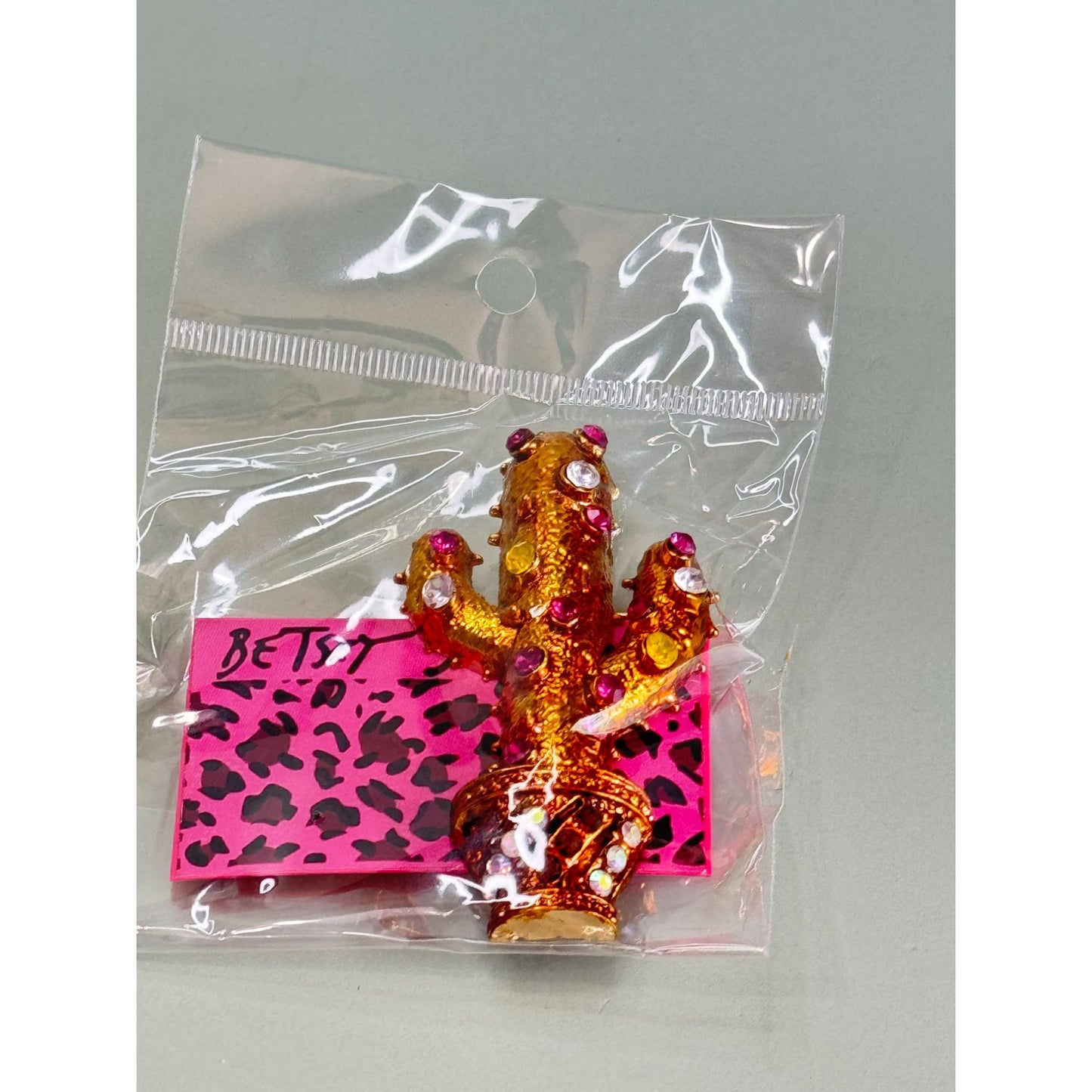 Betsy Johnson Gold Cactus Brooch With Rhinestones In Sealed Packaging