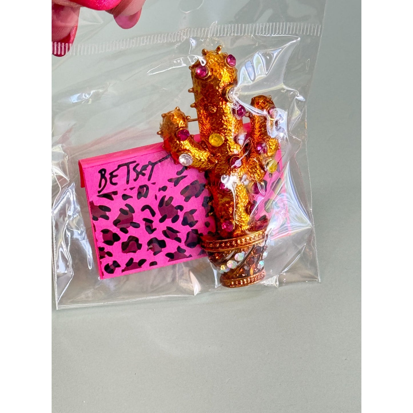Betsy Johnson Gold Cactus Brooch With Rhinestones In Sealed Packaging