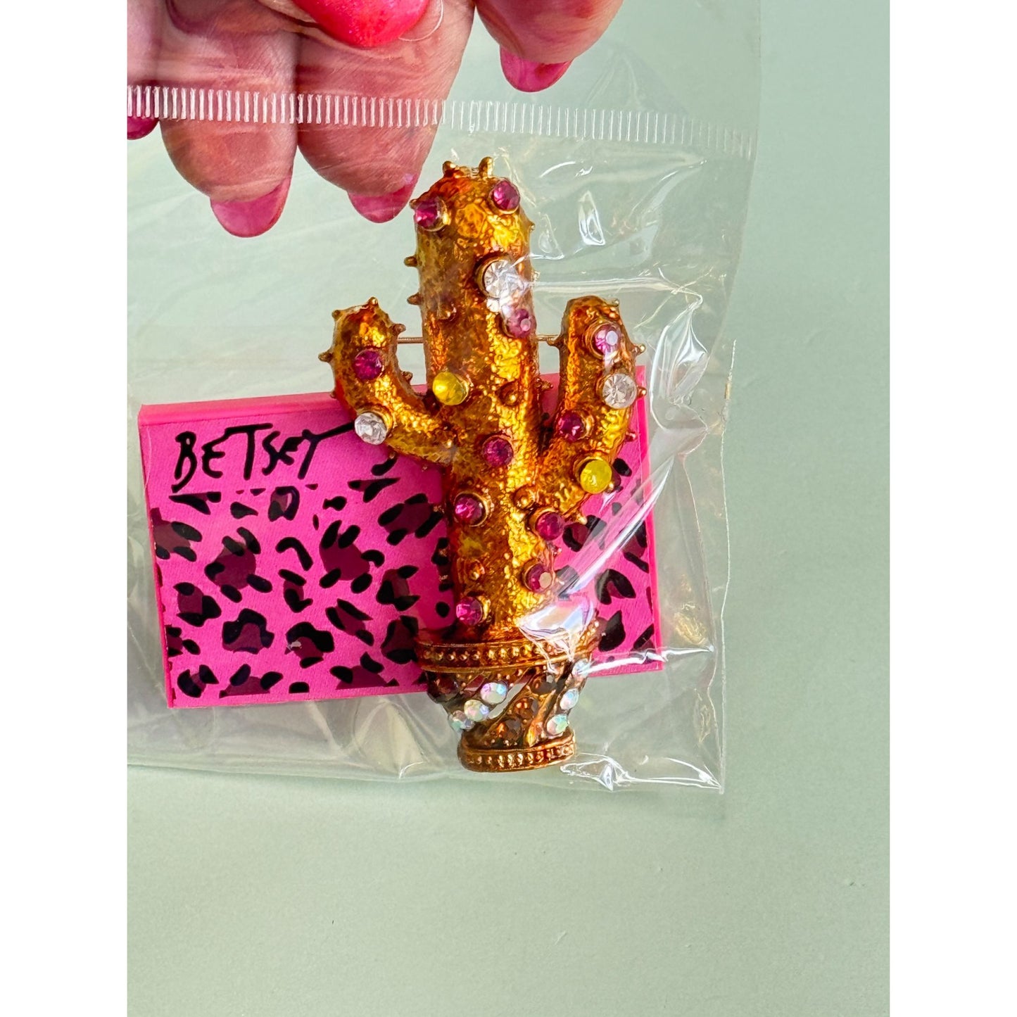 Betsy Johnson Gold Cactus Brooch With Rhinestones In Sealed Packaging