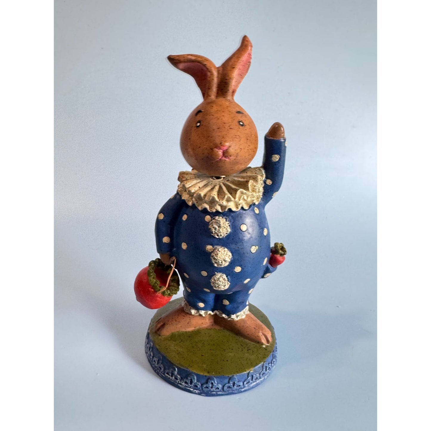 Vintage Bobblehead Bunny Figurine With Blue Polka Dot Outfit